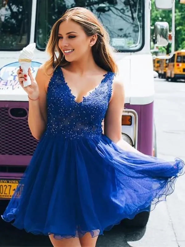 Cute V Neck Open Back Lace Beading Royal Blue Short Royal Blue Lace Formal Dresses Evening Dresses Prom Dresses Homecoming Dresses