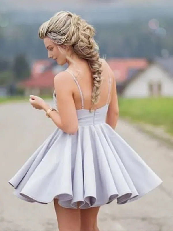 Cute V Neck Open Back Short Gray Lace Sleeveless Prom Backless Gray Lace Formal Graduation Party Dresses Homecoming Dresses