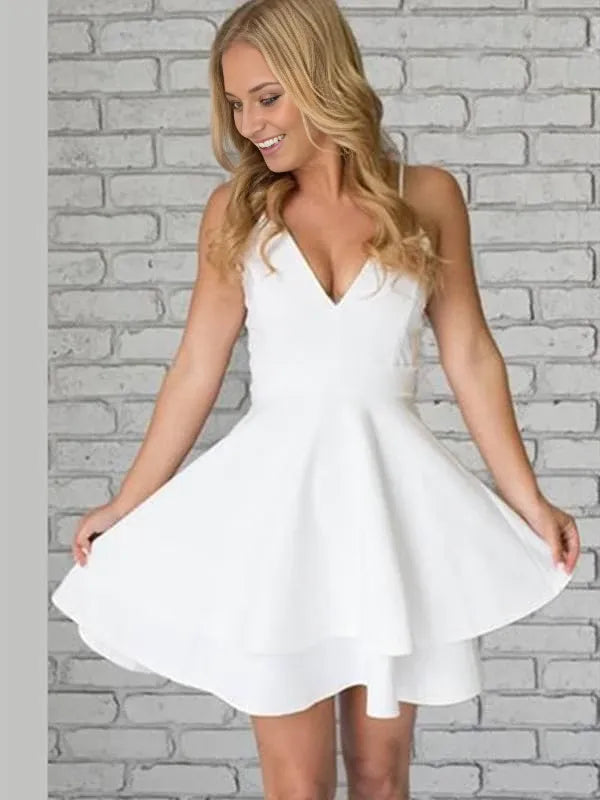 Cute V Neck White Short Prom with Lace Back Short White Homecoming Formal Evening Party Dresses Homecoming Dresses
