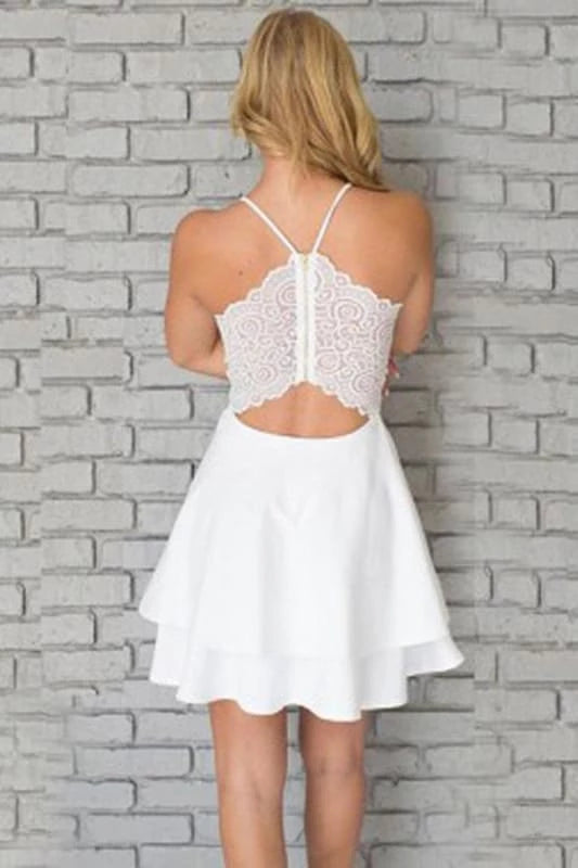 Cute V Neck White Short Prom with Lace Back Short White Homecoming Formal Evening Party Dresses Homecoming Dresses