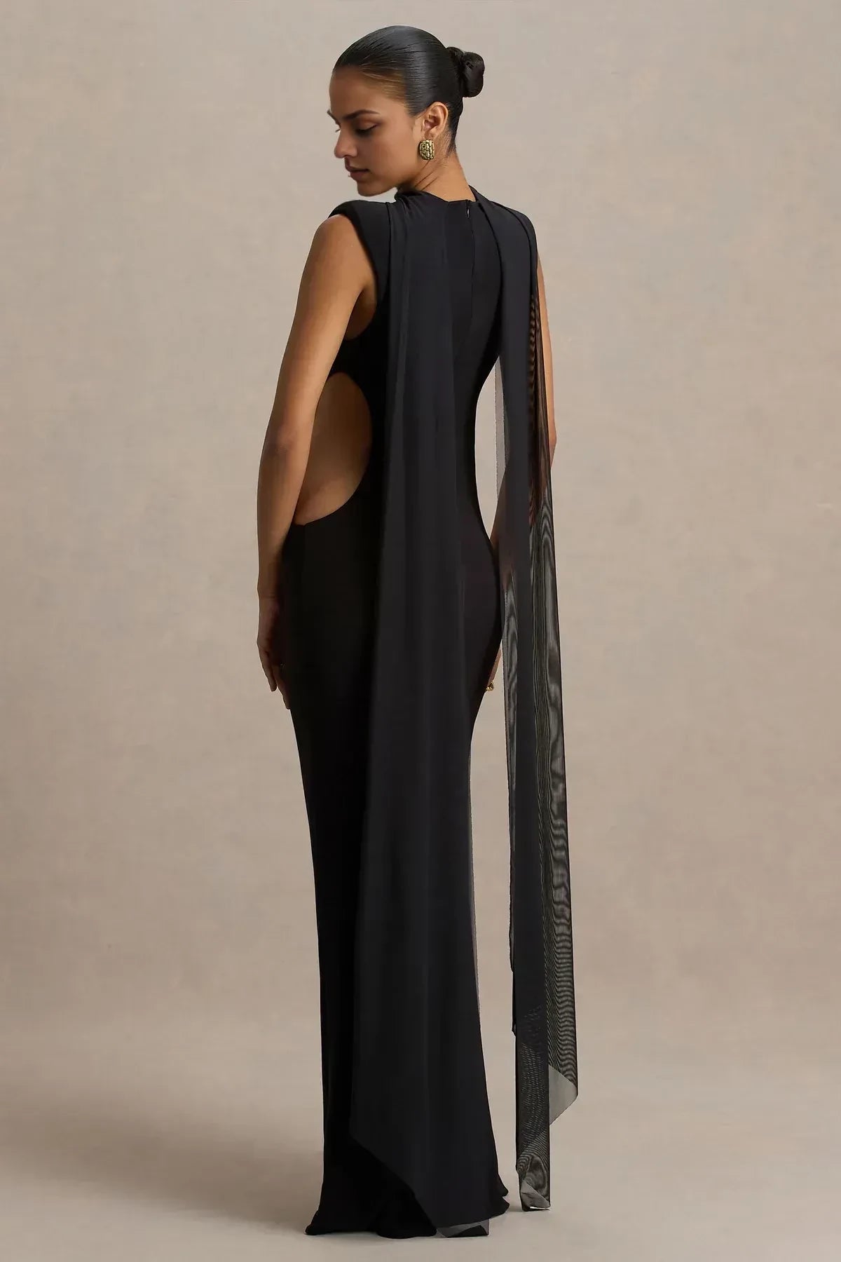 Daring Mermaid Mock Neck Sleeveless Cutout Side Draped Back Floor Length Evening Dress