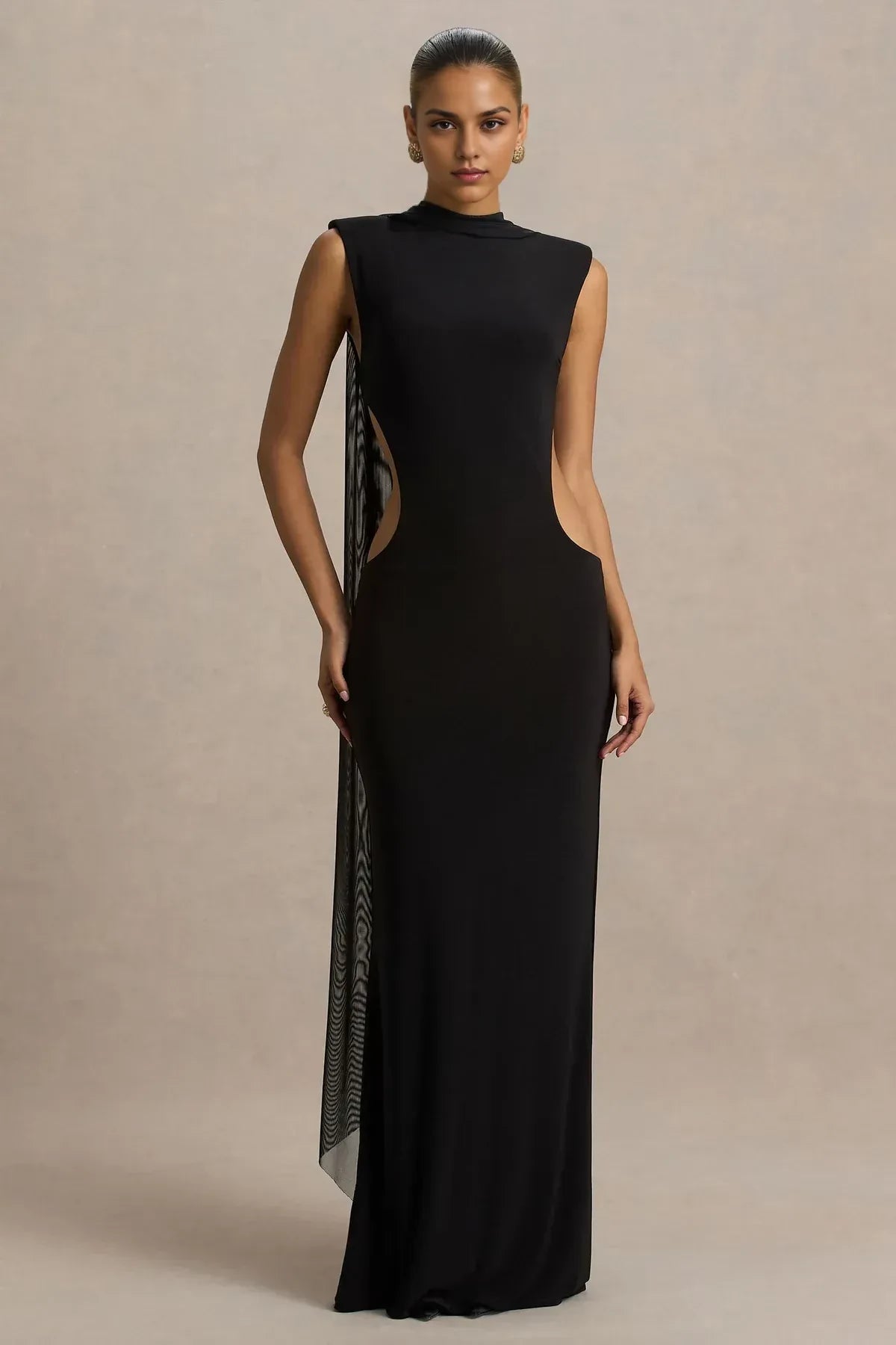 Daring Mermaid Mock Neck Sleeveless Cutout Side Draped Back Floor Length Evening Dress