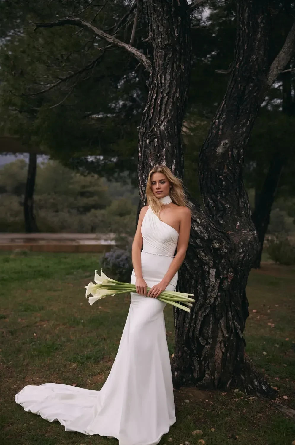 Daring One Shoulder Mermaid Rhinestone Accent Open Back Train Length Wedding Dress