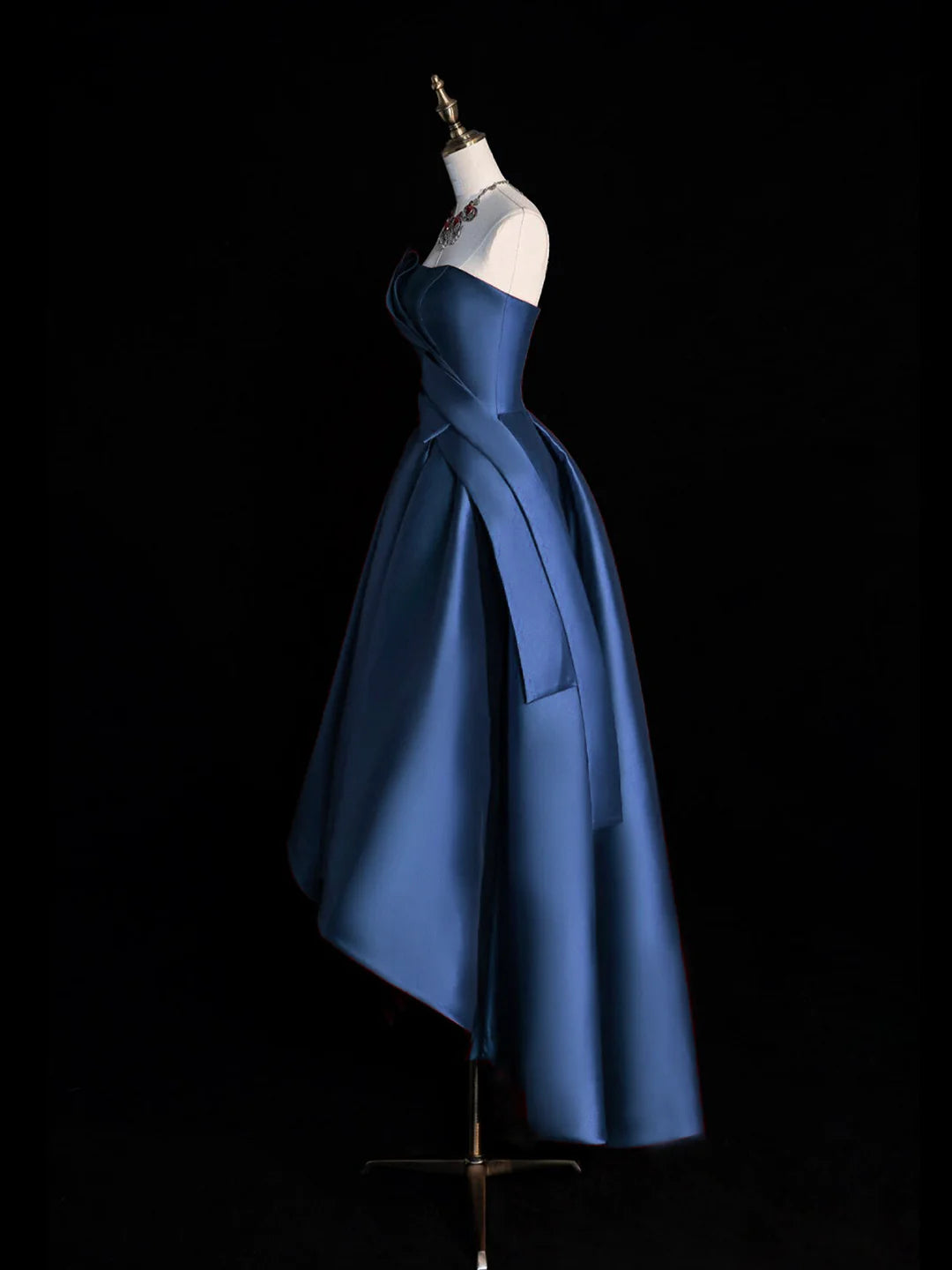 Dark Blue Satin Hight Low Knee length Prom Dress Lovely A-Line Strapless Party Homecoming Dresses