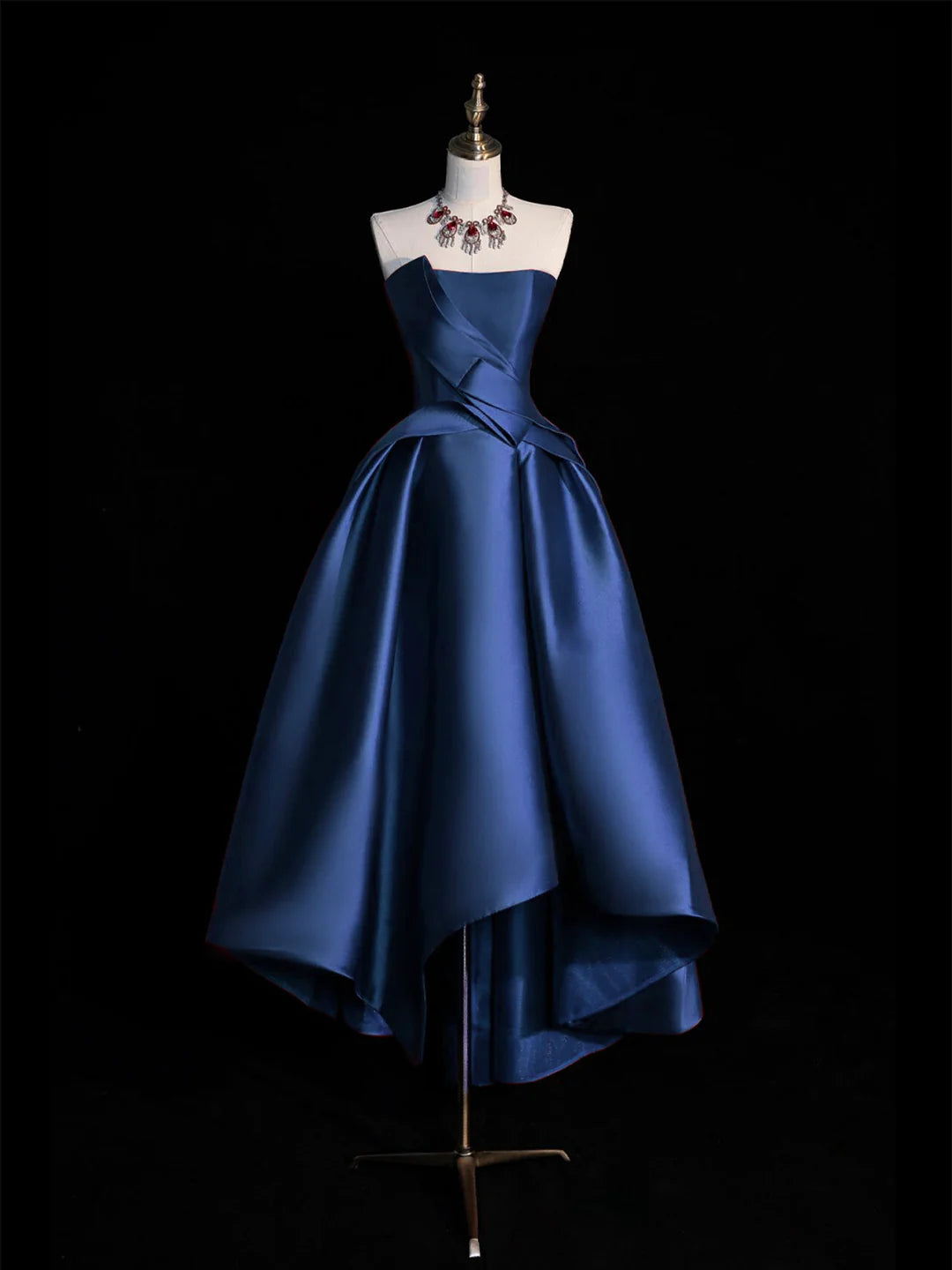 Dark Blue Satin Hight Low Knee length Prom Dress Lovely A-Line Strapless Party Homecoming Dresses