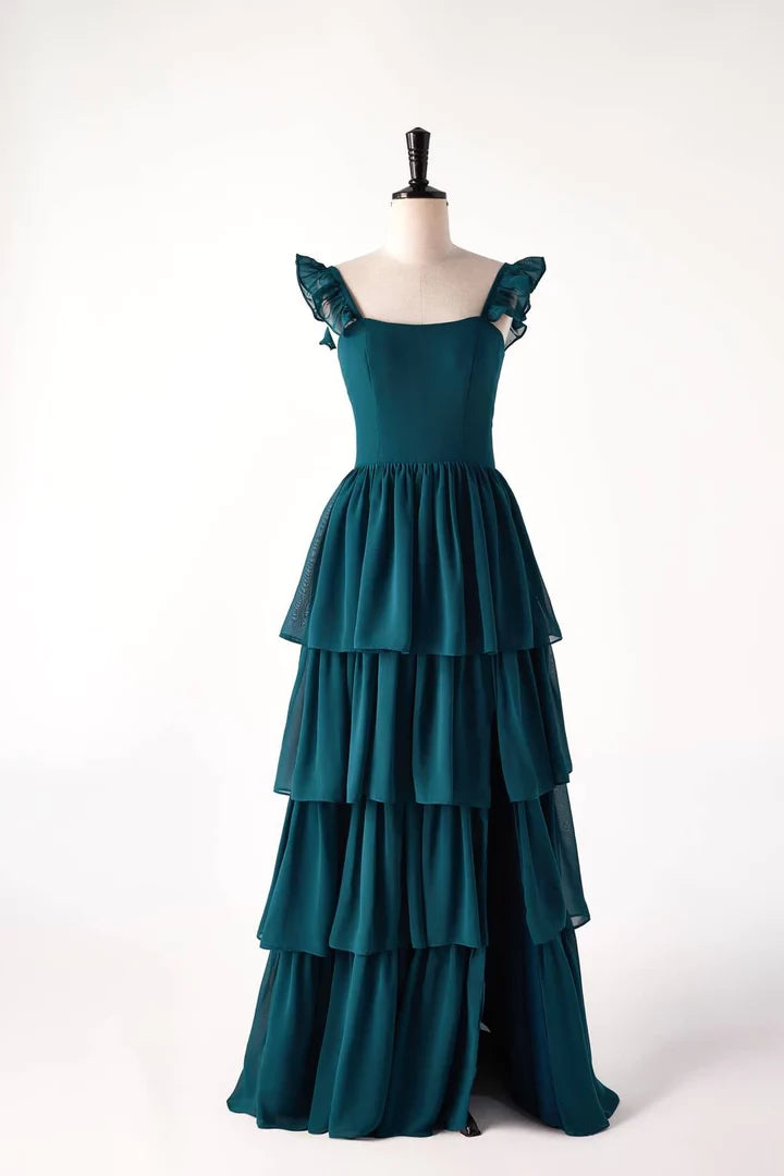 Dark Teal Ruffle Long Sleeveless Floor length Prom Dress Party Dress Cocktail Dress Homecoming Dress Evening Dress