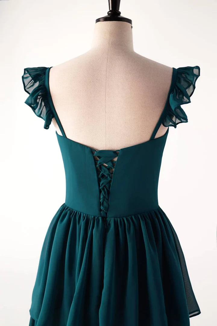 Dark Teal Ruffle Long Sleeveless Floor length Prom Dress Party Dress Cocktail Dress Homecoming Dress Evening Dress