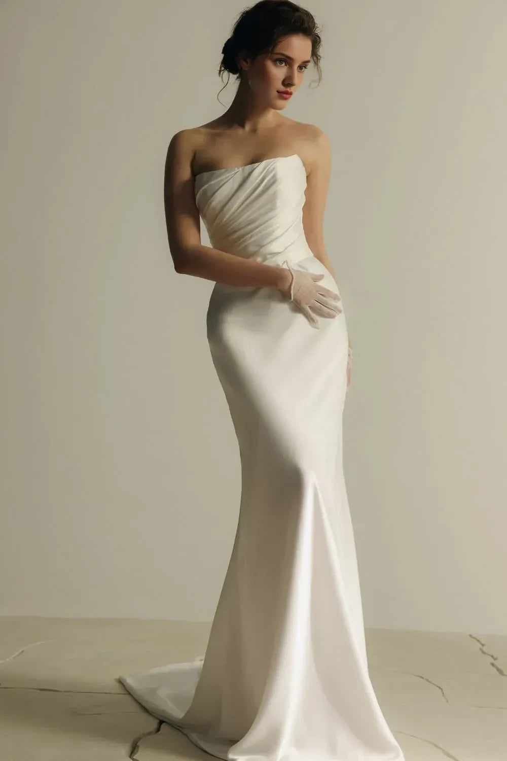 Dashing Mermaid Off Shoulder Short Sleeve Draped Back Train Length Wedding Dress