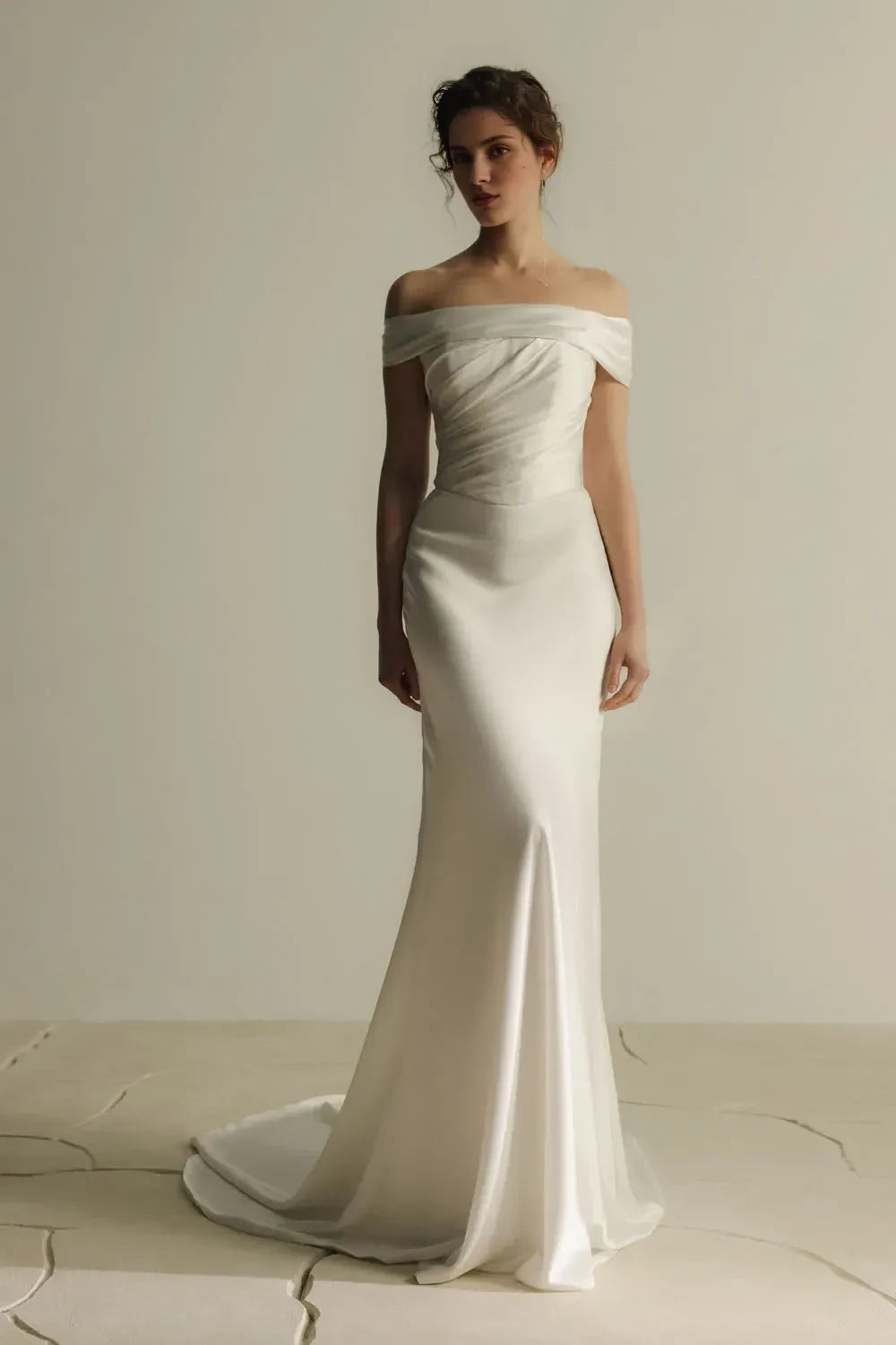 Dashing Mermaid Off Shoulder Short Sleeve Draped Back Train Length Wedding Dress