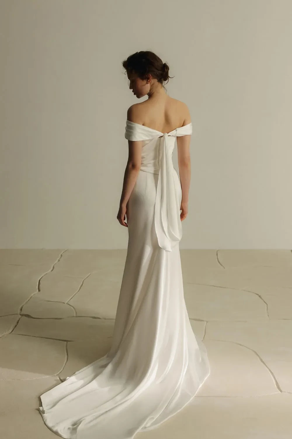 Dashing Mermaid Off Shoulder Short Sleeve Draped Back Train Length Wedding Dress