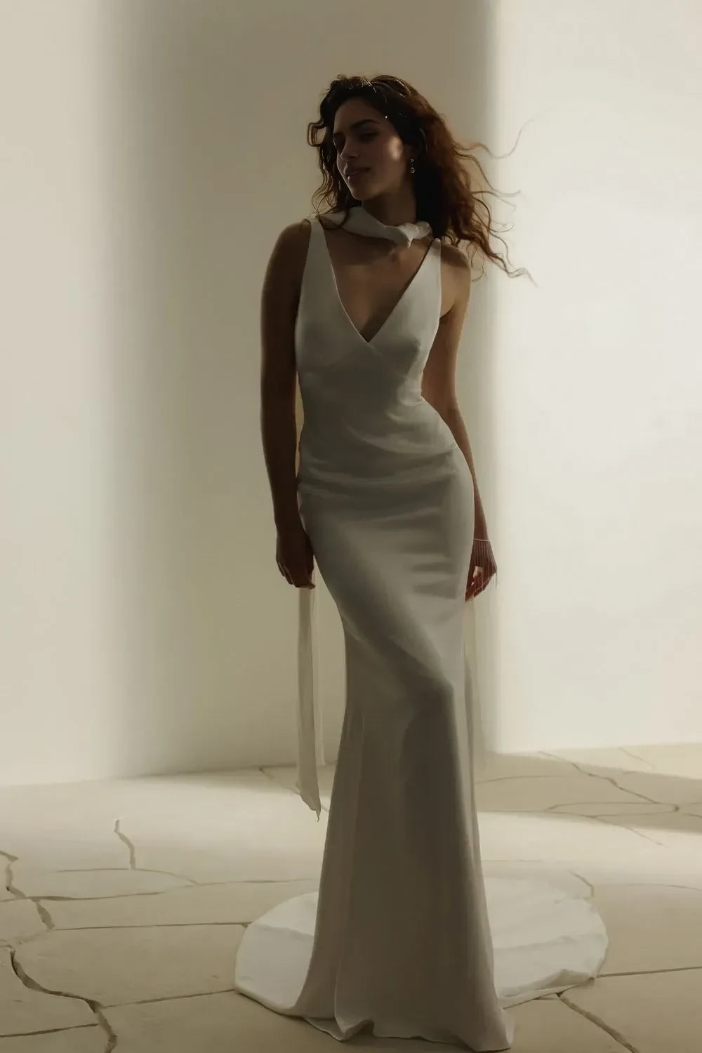 Dashing Mermaid V Neck Sleeveless Open Back Train Length Wedding Dress