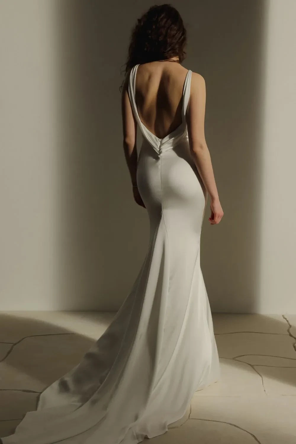 Dashing Mermaid V Neck Sleeveless Open Back Train Length Wedding Dress