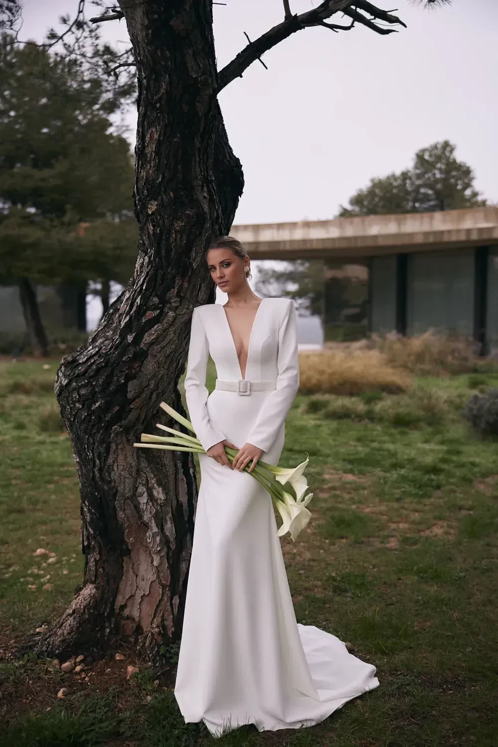 Dashing V Neck Long Sleeve Open Back Train Length Wedding Dress