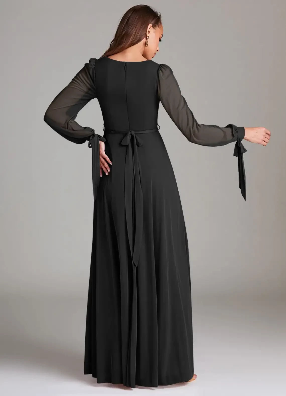 Dazzling A Line Square Neck Sheer Long Sleeve Tie Back Floor Length Bridesmaid Dress