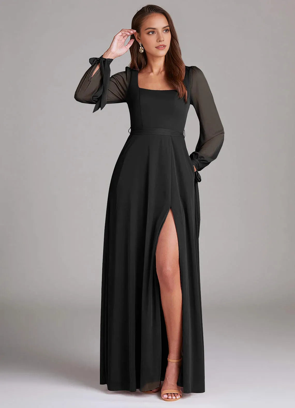 Dazzling A Line Square Neck Sheer Long Sleeve Tie Back Floor Length Bridesmaid Dress