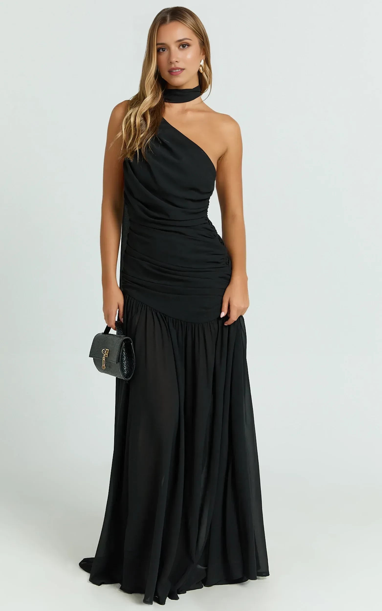 Dazzling Asymmetric Halter One Shoulder Tie Back Floor Length Plus Size Evening Dress