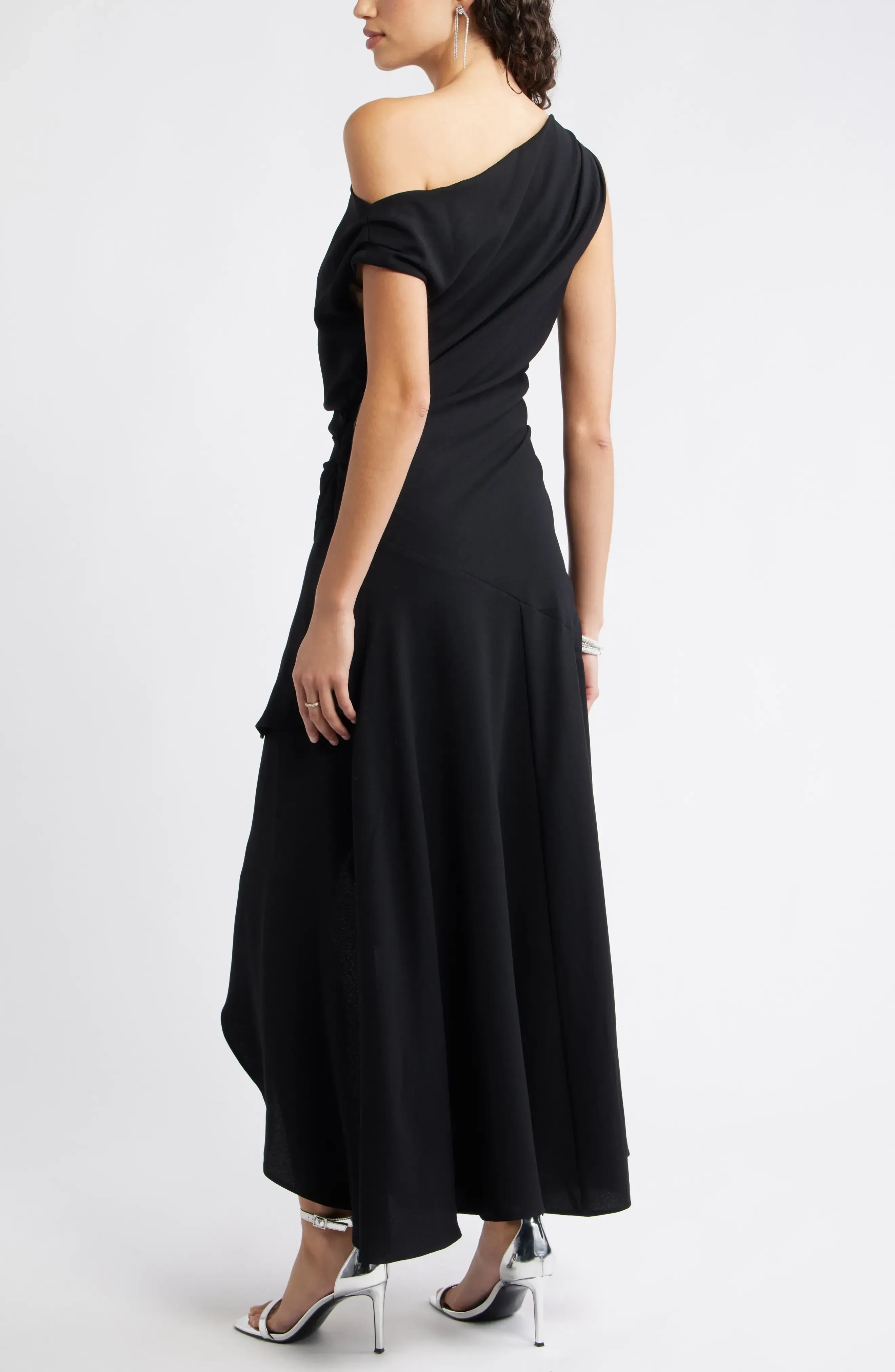 Dazzling Asymmetric One Shoulder Short Sleeve Ruched Back Floor Length Evening Dress