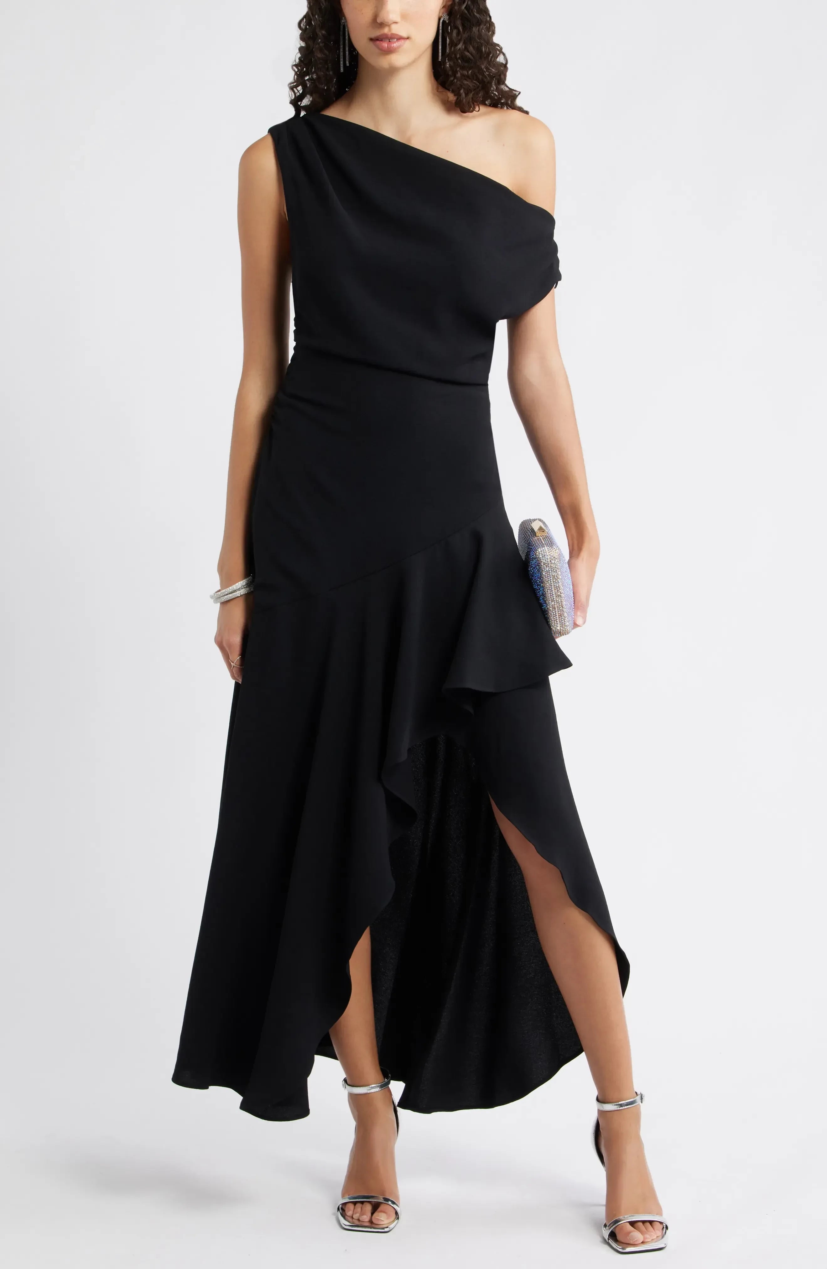 Dazzling Asymmetric One Shoulder Short Sleeve Ruched Back Floor Length Evening Dress