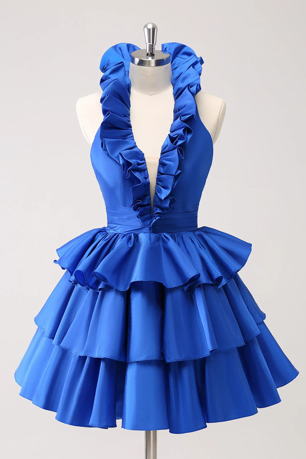 Dazzling Halter Neck Sleeveless Ruffle Trim Tiered Mini Party Dress Homecoming Dress