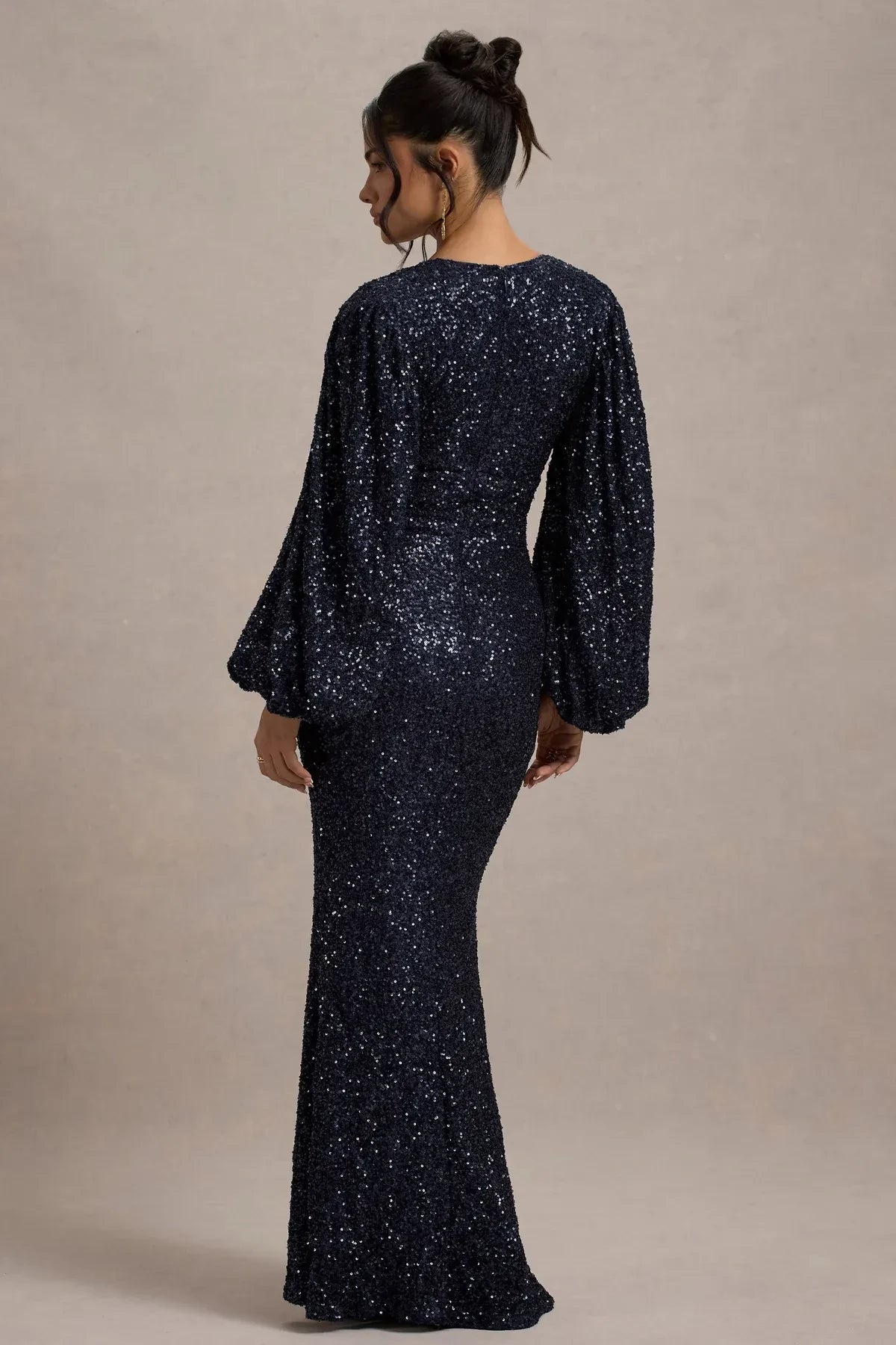 Dazzling Mermaid Deep V Neck Puff Sleeve Zipper Back Floor Length Evening Dress
