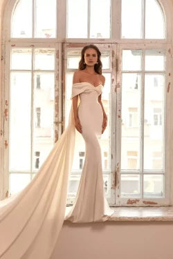 Dazzling Mermaid Off Shoulder Short Sleeve Open Back Long Length Wedding Dress