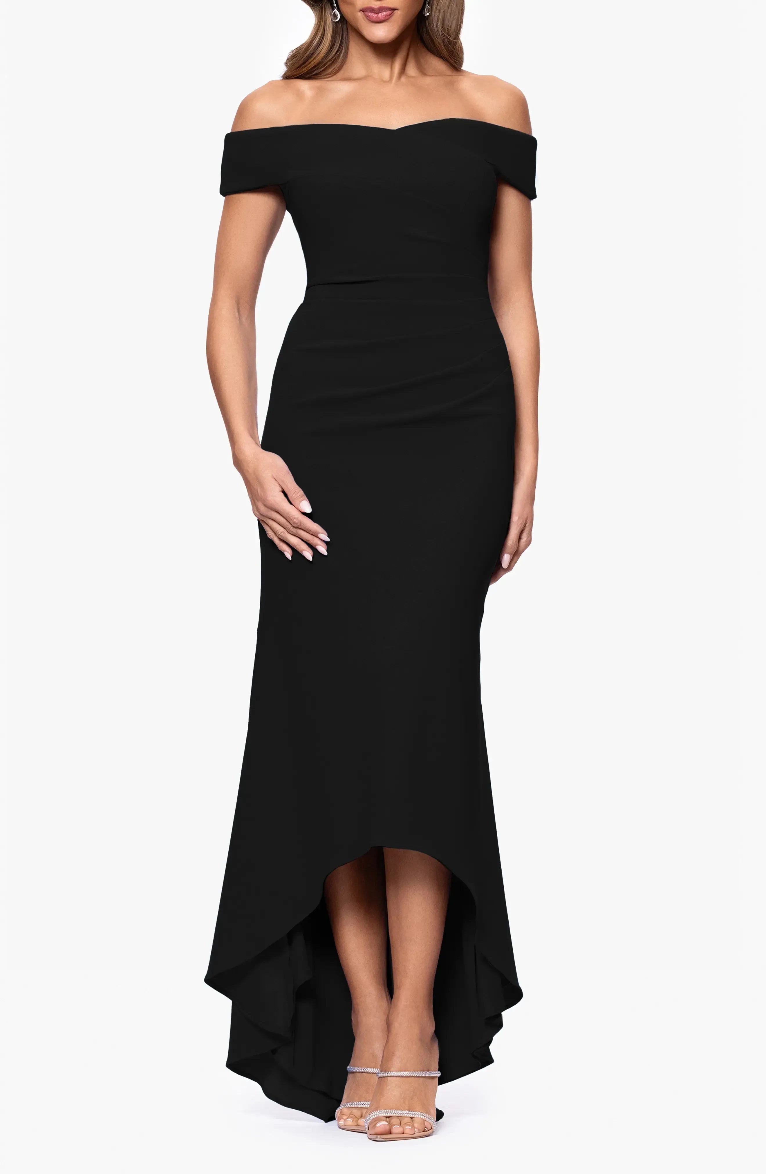 Dazzling Mermaid Off The Shoulder Short Sleeve Ruched Back High Low Evening Dress