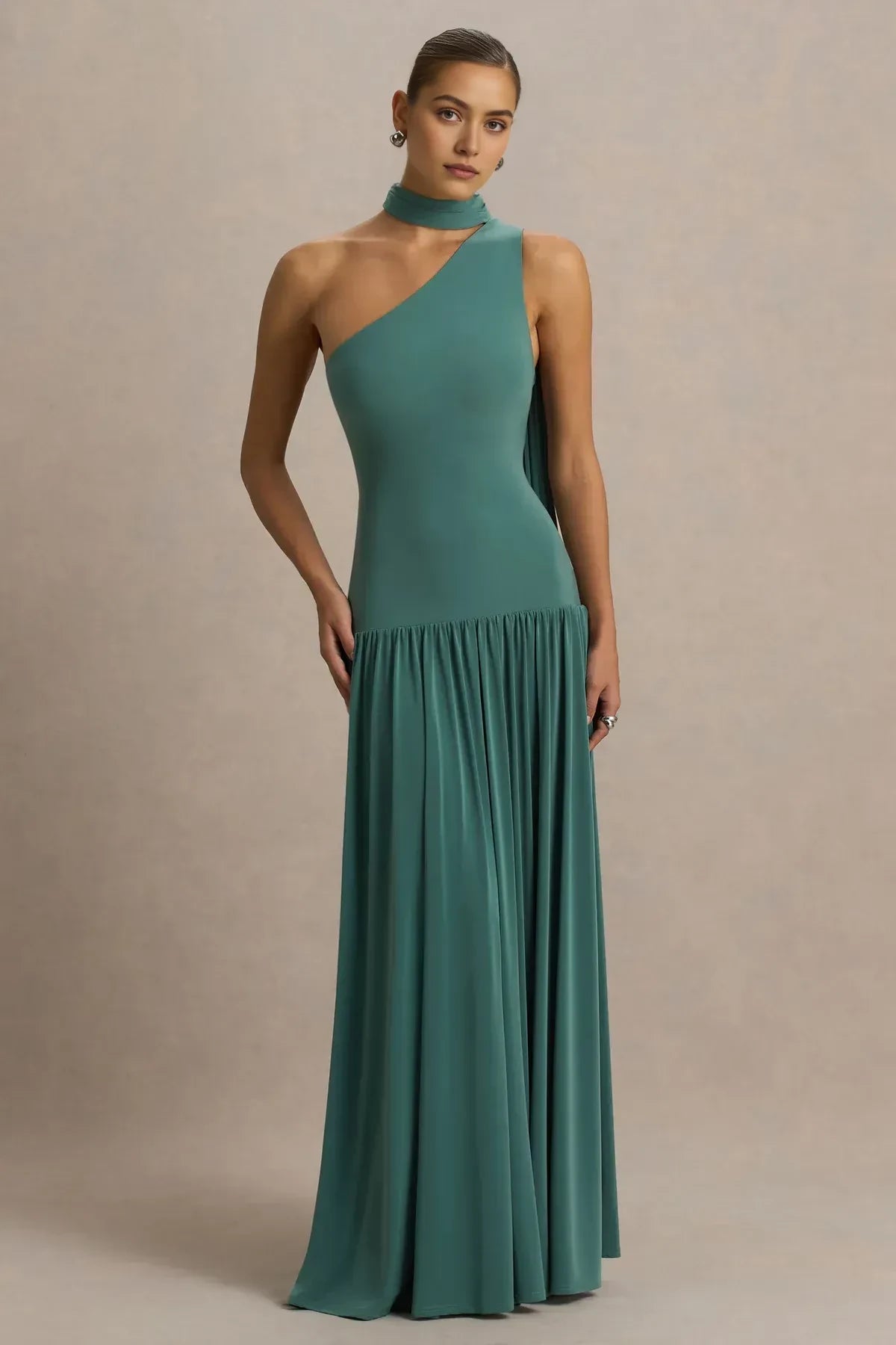 Dazzling Mermaid One Shoulder Sleeveless Drape Back Floor Length Evening Dress