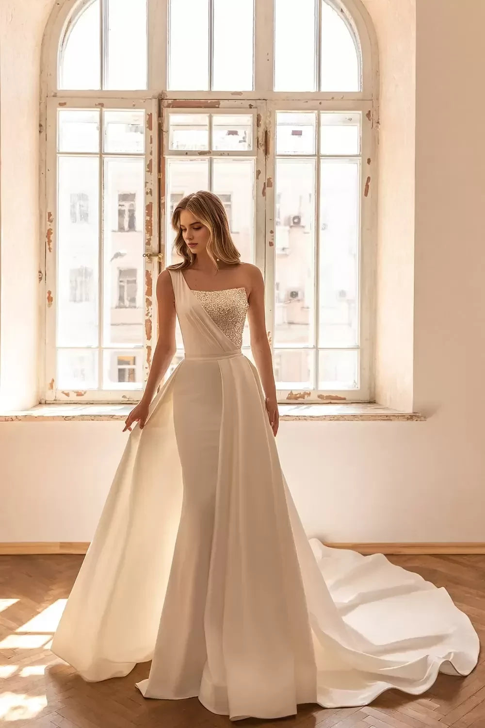 Dazzling Mermaid One Shoulder Sleeveless Open Back Long Length Wedding Dress