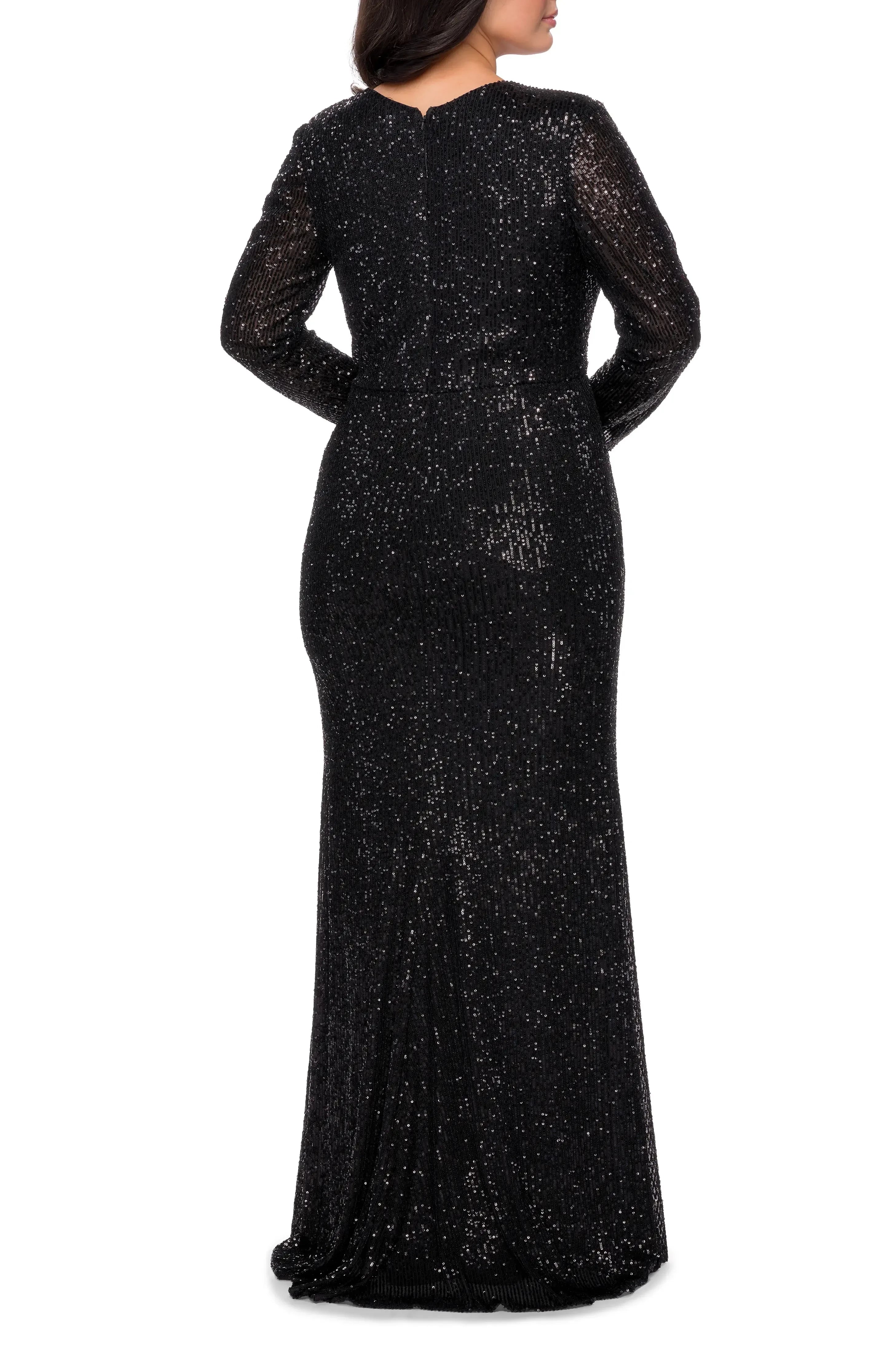 Dazzling Plus Size Mermaid V Neck Long Sleeve Zipper Back Floor Length Evening Dress