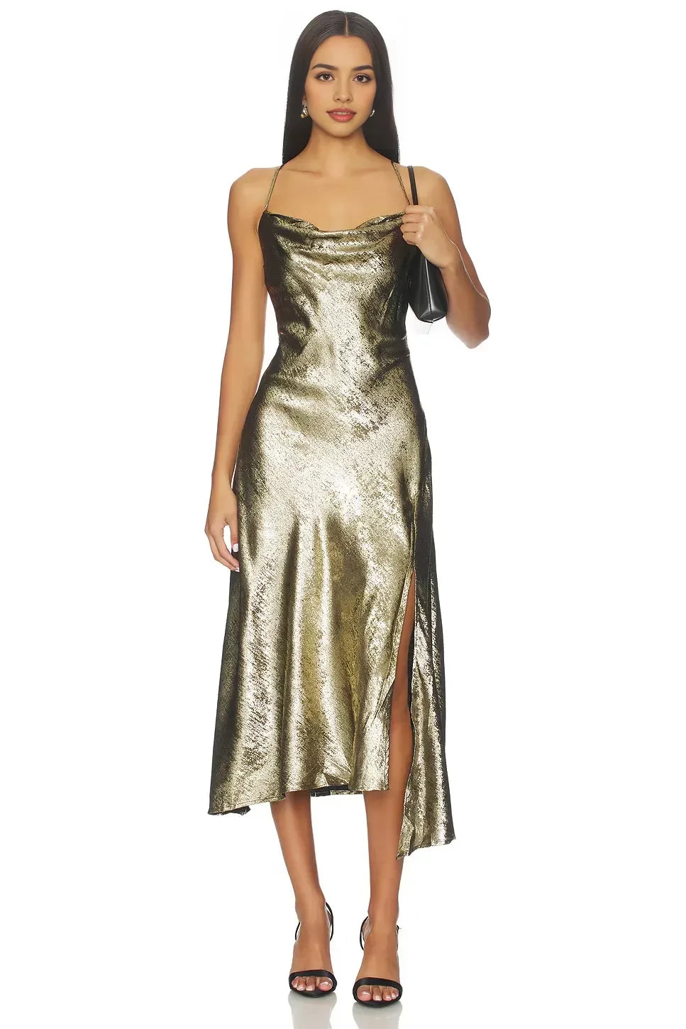 Dazzling Sheath Cowl Neck Spaghetti Strap Cross Back Asymmetric Midi Evening Dress