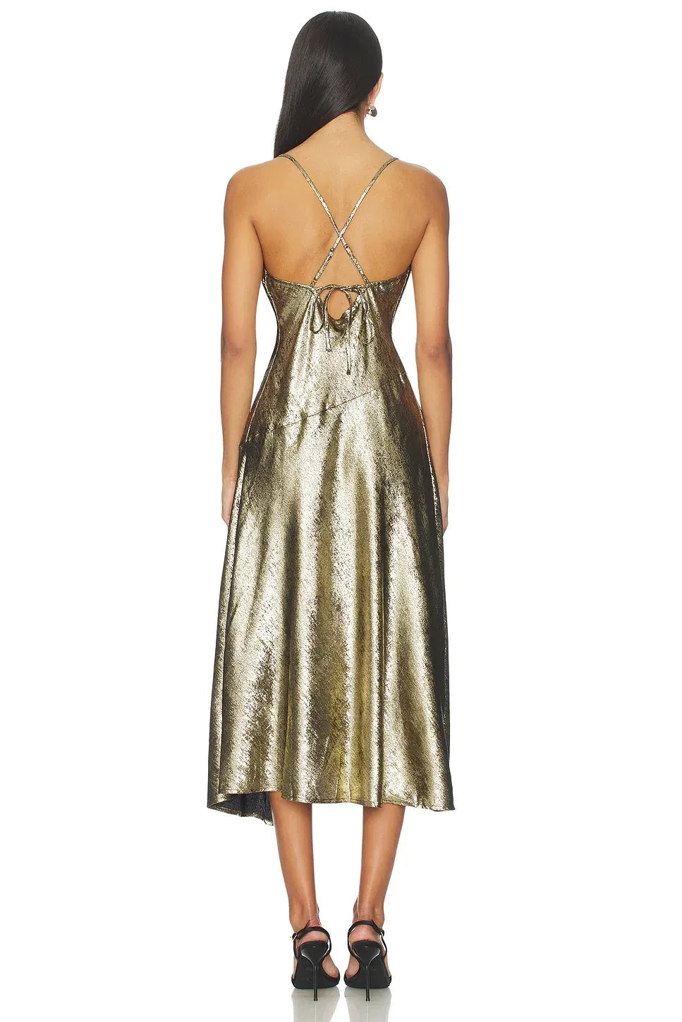 Dazzling Sheath Cowl Neck Spaghetti Strap Cross Back Asymmetric Midi Evening Dress