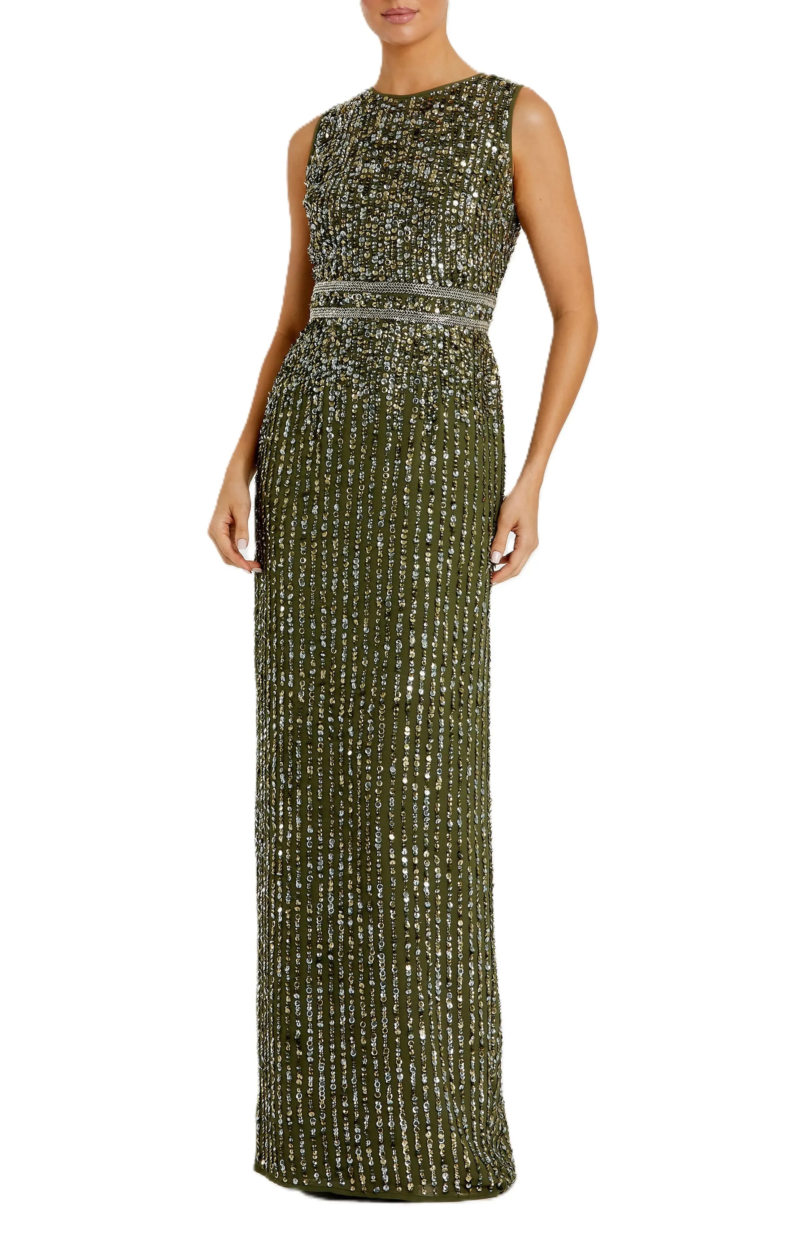Dazzling Sheath Crew Neck Sleeveless Beaded Back Floor Length Evening Dress