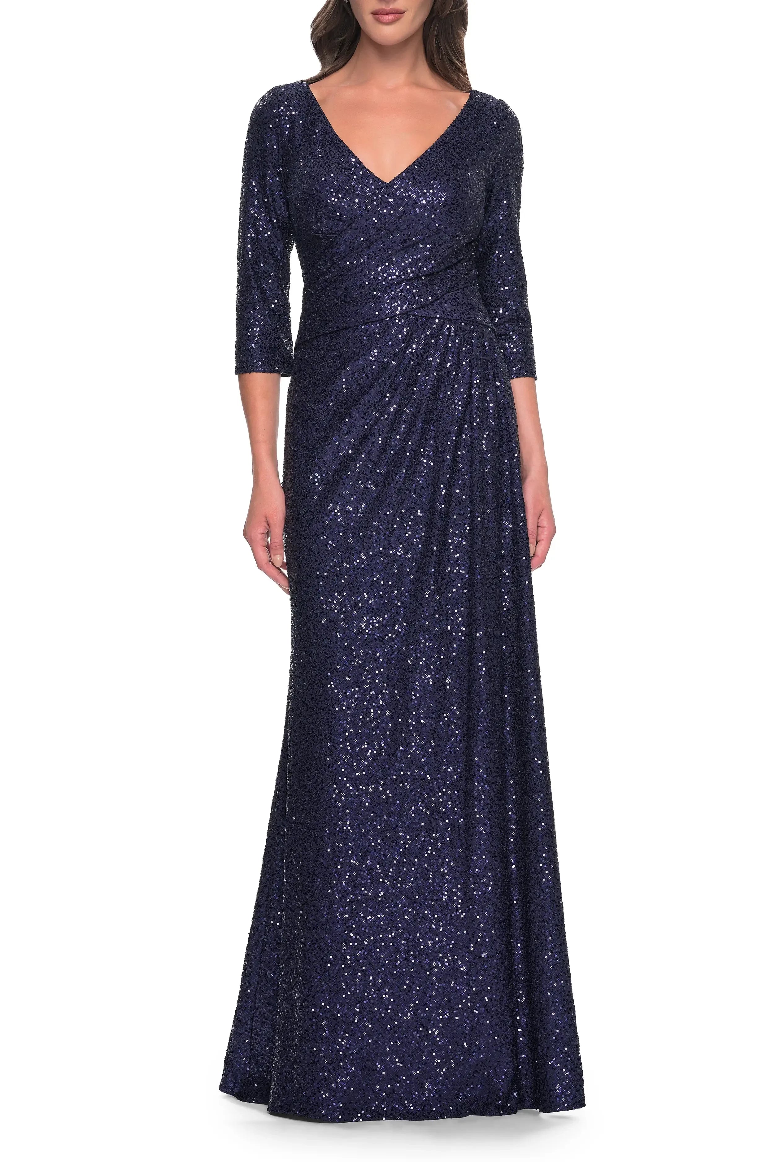Dazzling Sheath V Neck Three Quarter Sleeve Zipper Back Floor Length Evening Dress