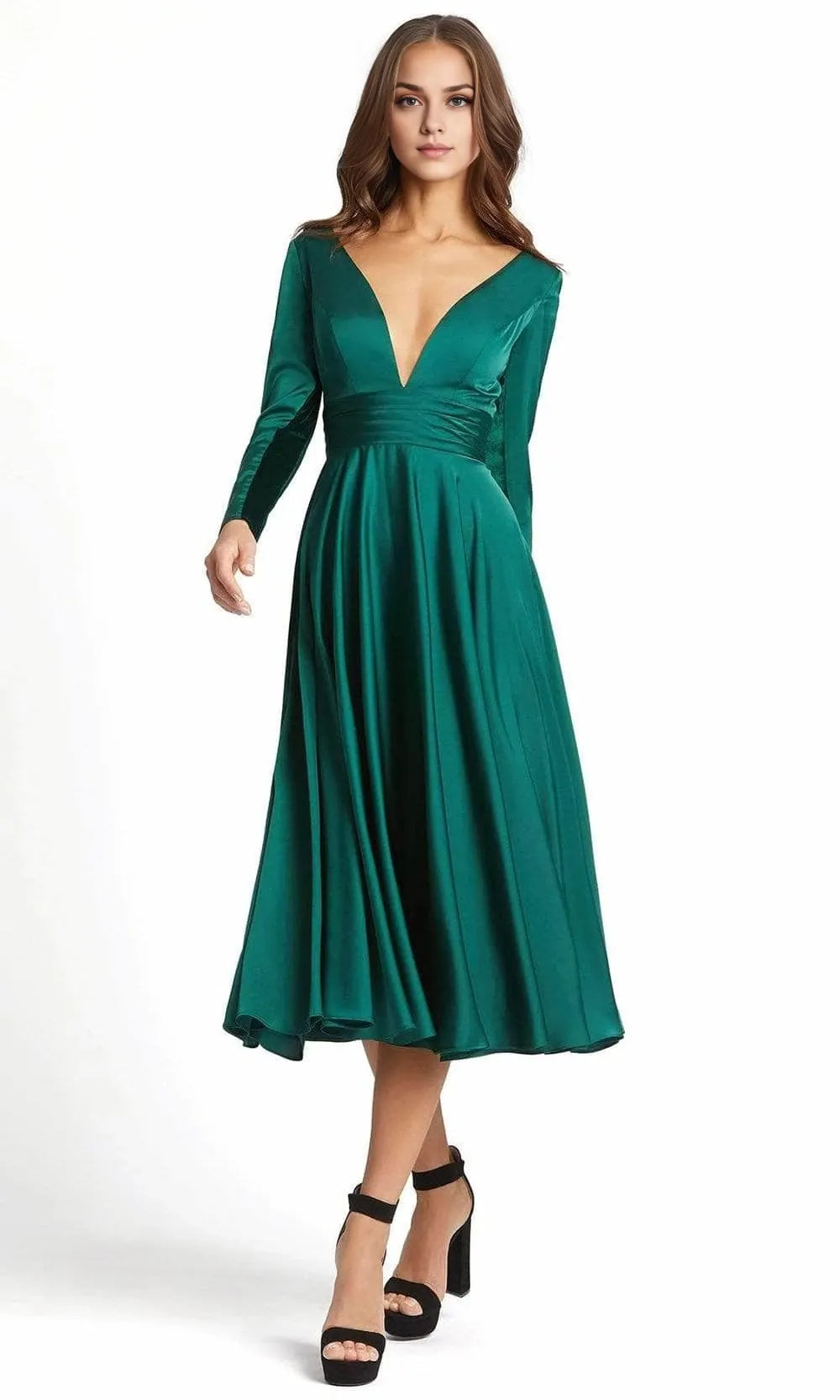 Deep V Neck Long Sleeves A-line Classic Tea Length Long Prom Dress For Sale For Women