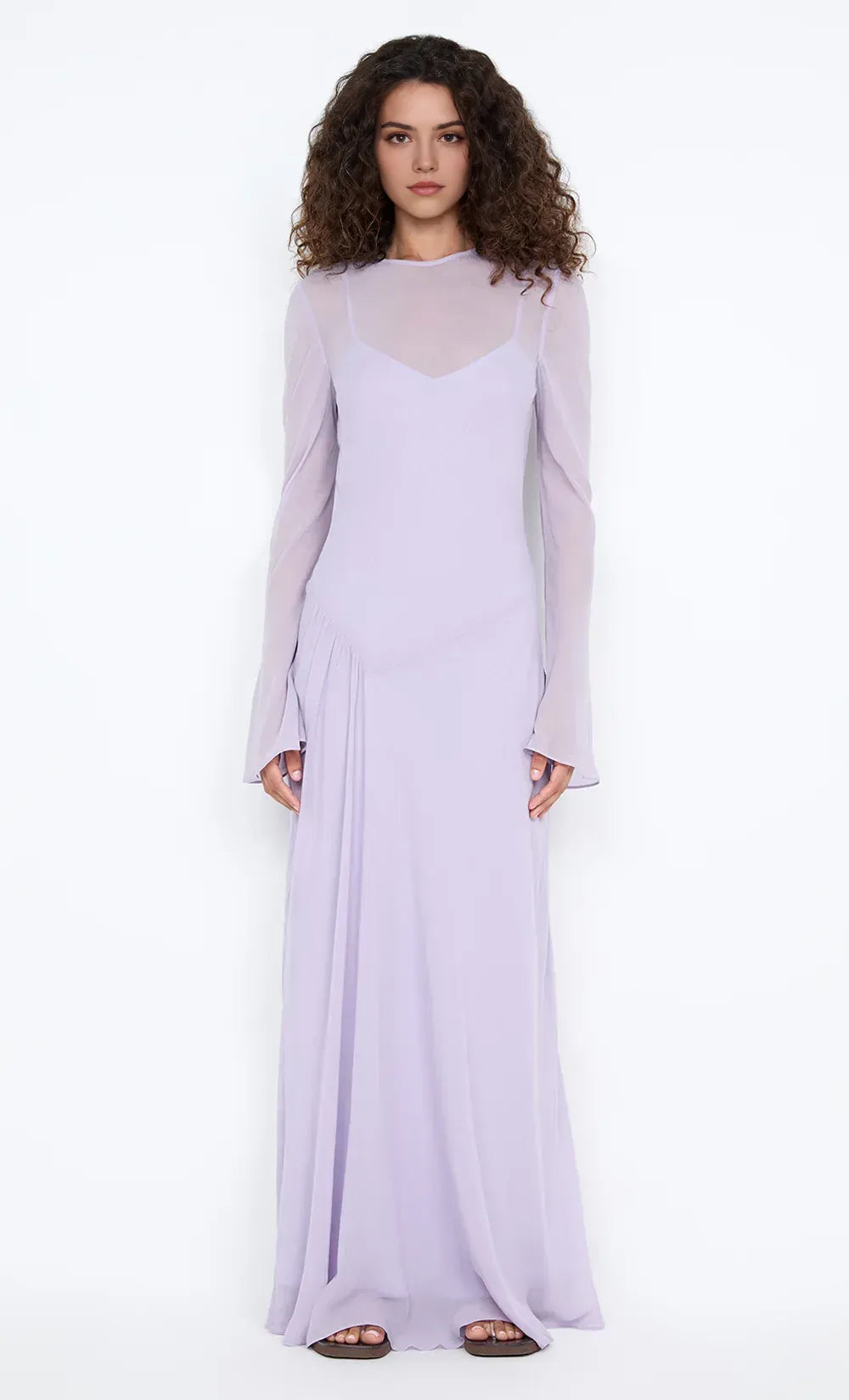Delicate A Line Crew Neck Sheer Long Sleeve Layered Back Floor Length For Ladies Evening Dress