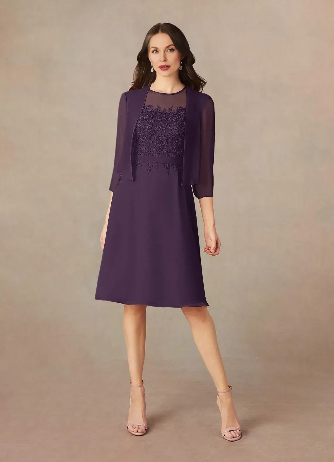 Delicate A Line Illusion Neck Sleeveless Zipper Back Knee Length Mother of the Bride Dress with Chiffon Jacket