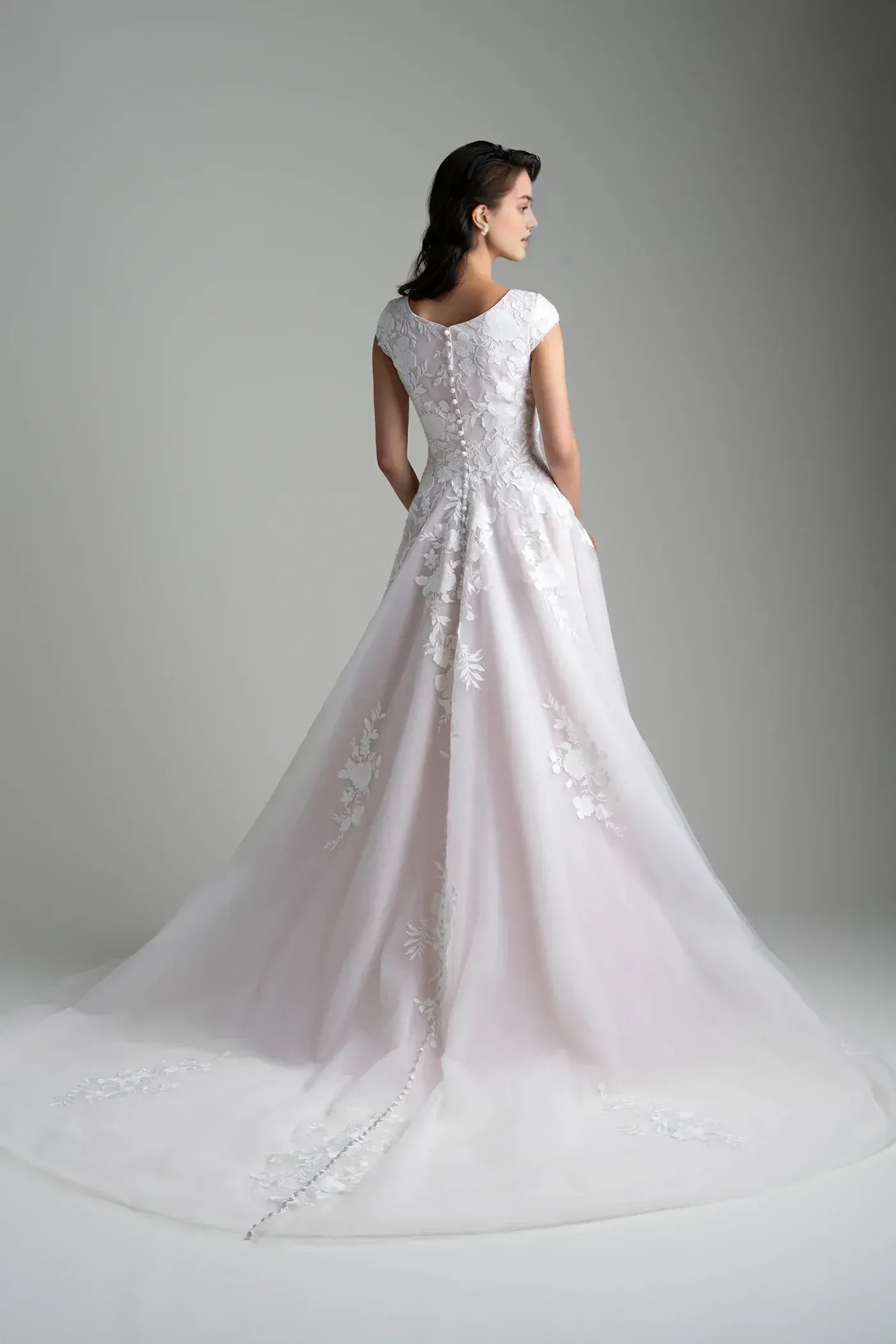 Delicate A Line Scoop Neck Cap Sleeve Button Back Floor Length Wedding Dress