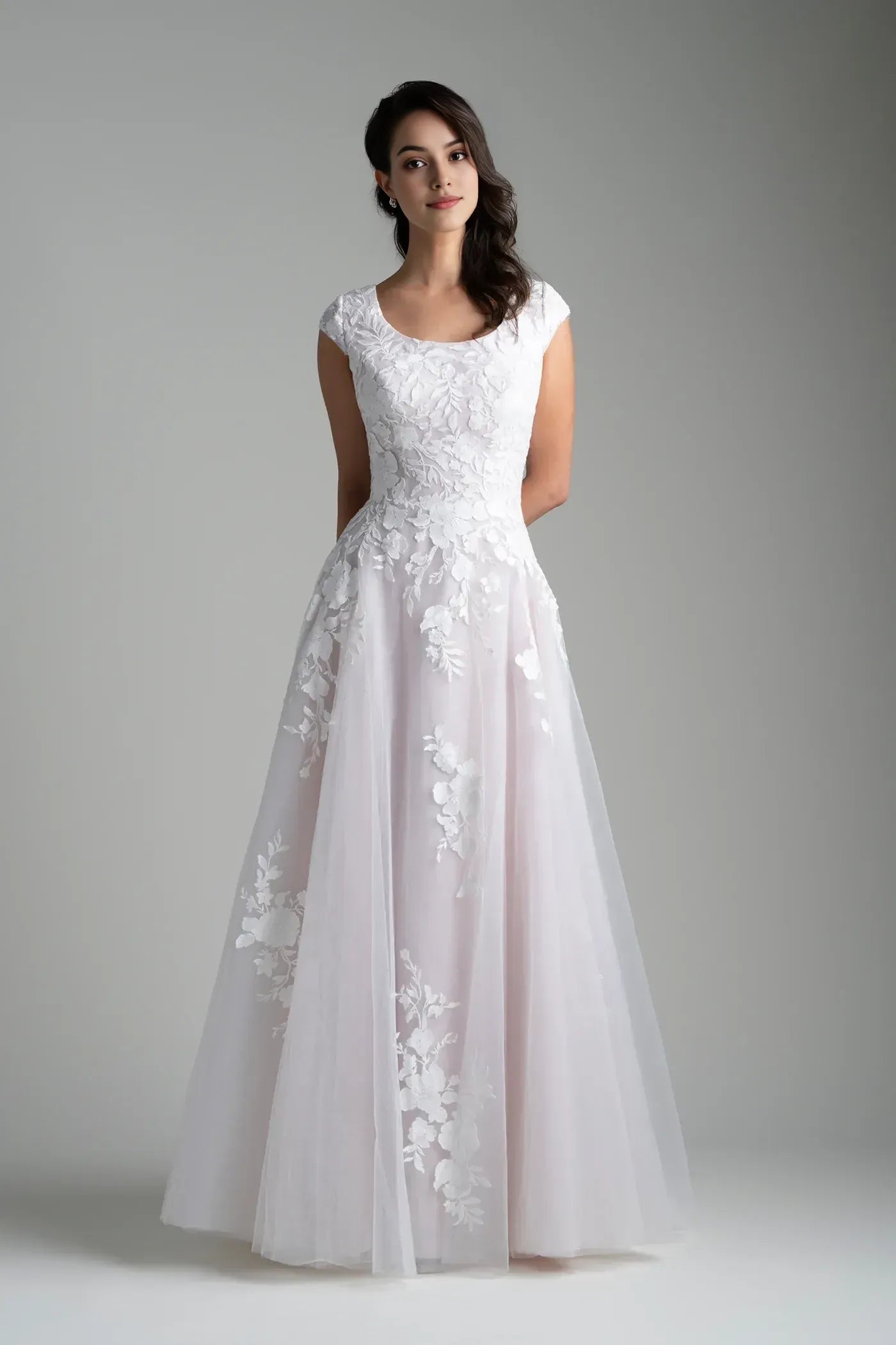 Delicate A Line Scoop Neck Cap Sleeve Button Back Floor Length Wedding Dress