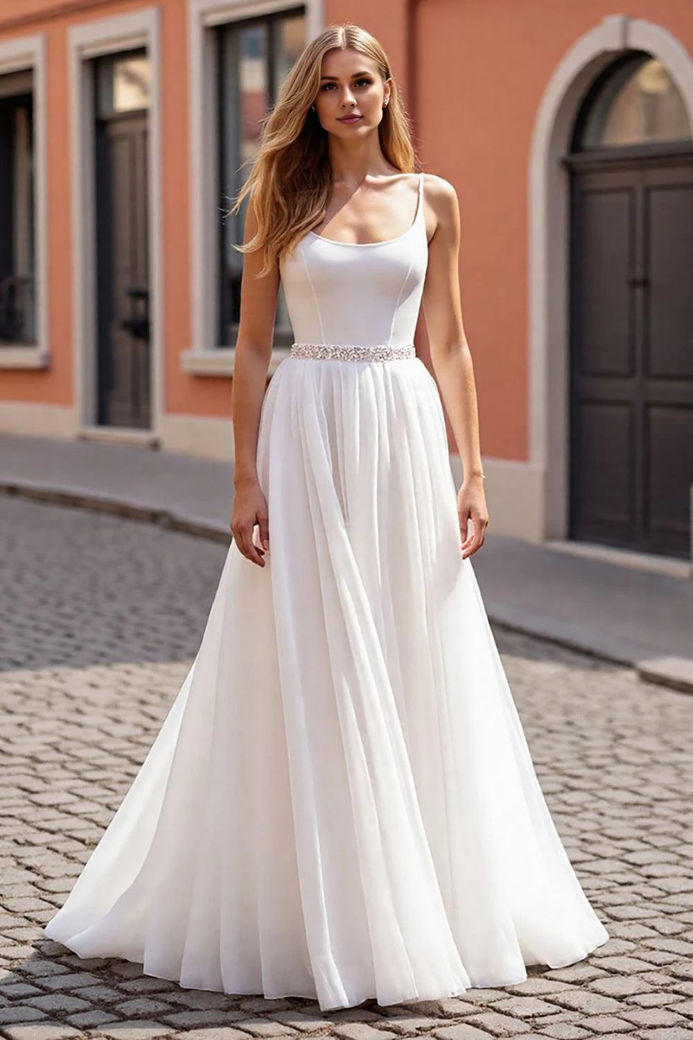 Delicate A Line Scoop Neck Spaghetti Strap Open Back Floor Length Wedding Dress ﻿