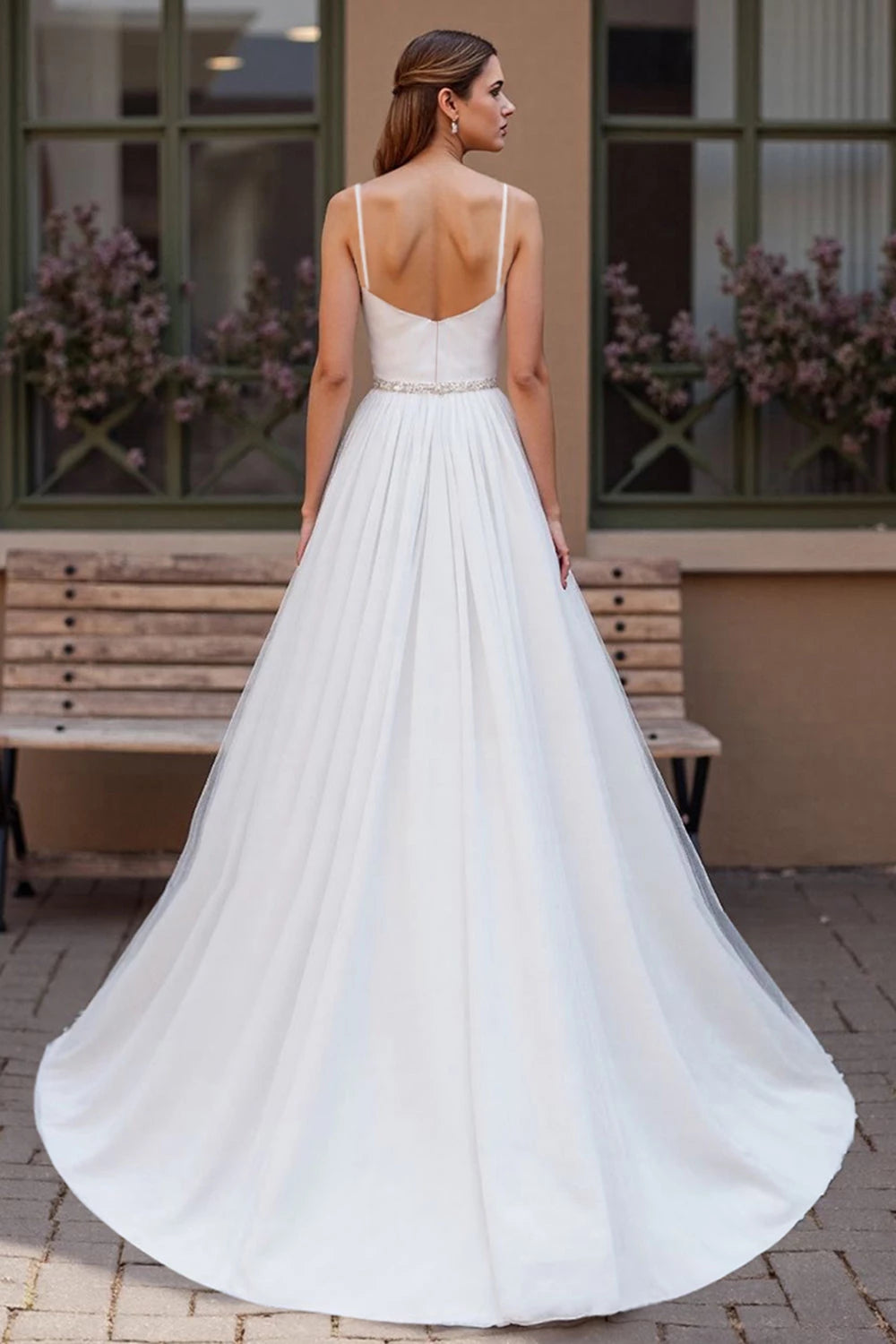 Delicate A Line Scoop Neck Spaghetti Strap Open Back Floor Length Wedding Dress ﻿