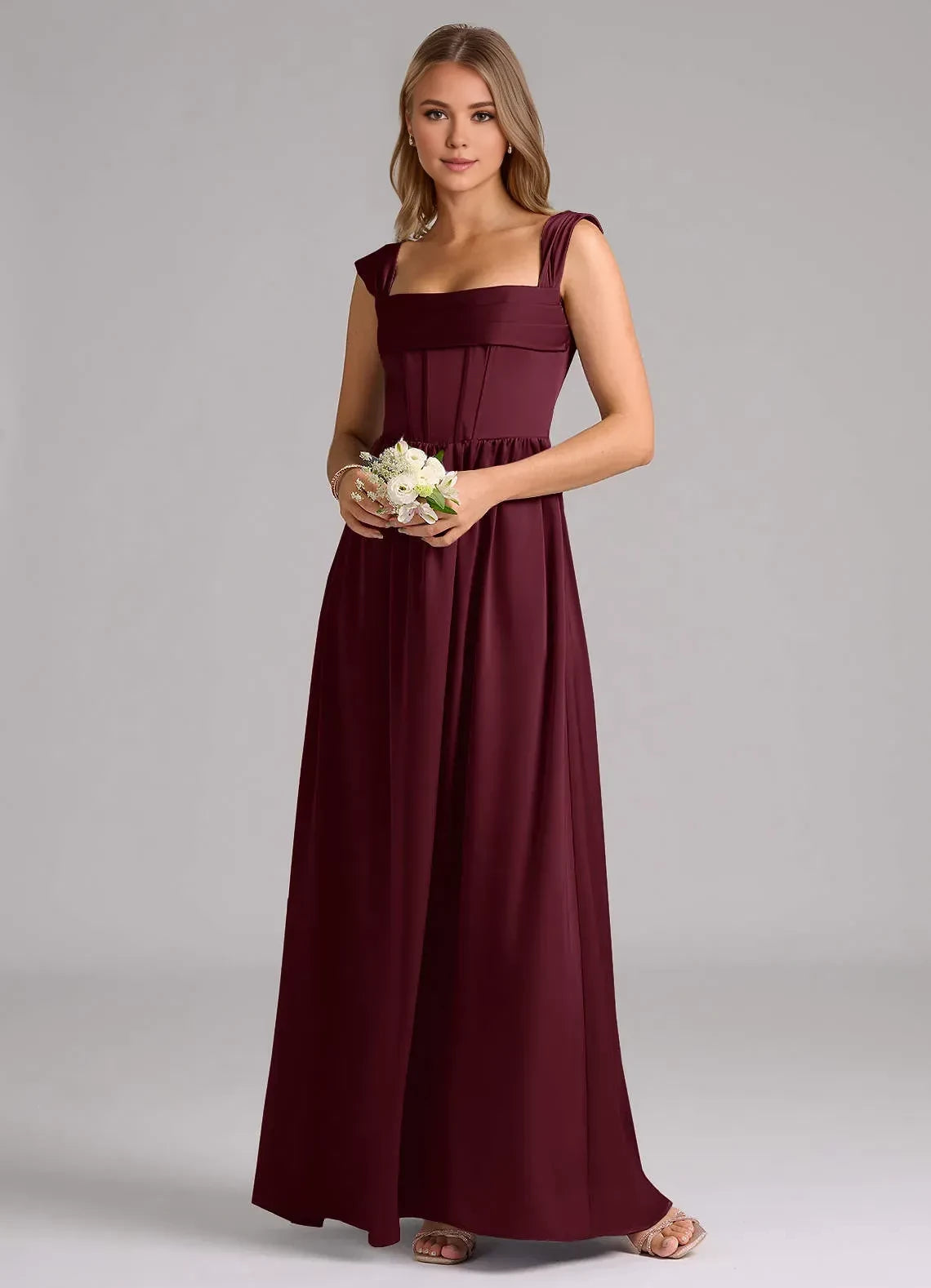 Delicate A Line Square Neck Short Sleeve Lace Up Back Floor Length Bridesmaid Dress