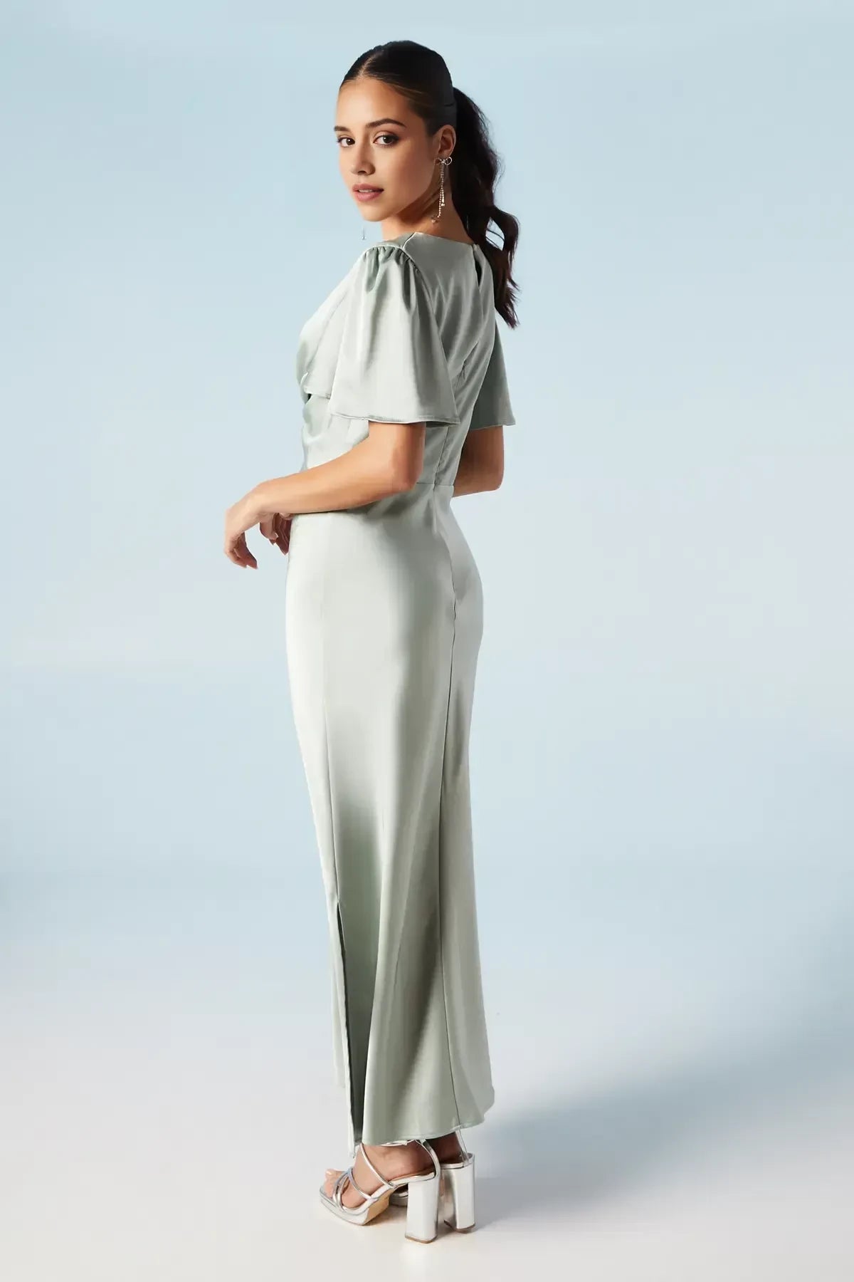 Delicate Sheath V Neck Flutter Sleeve Zipper Back Floor Length Bridesmaid Dress