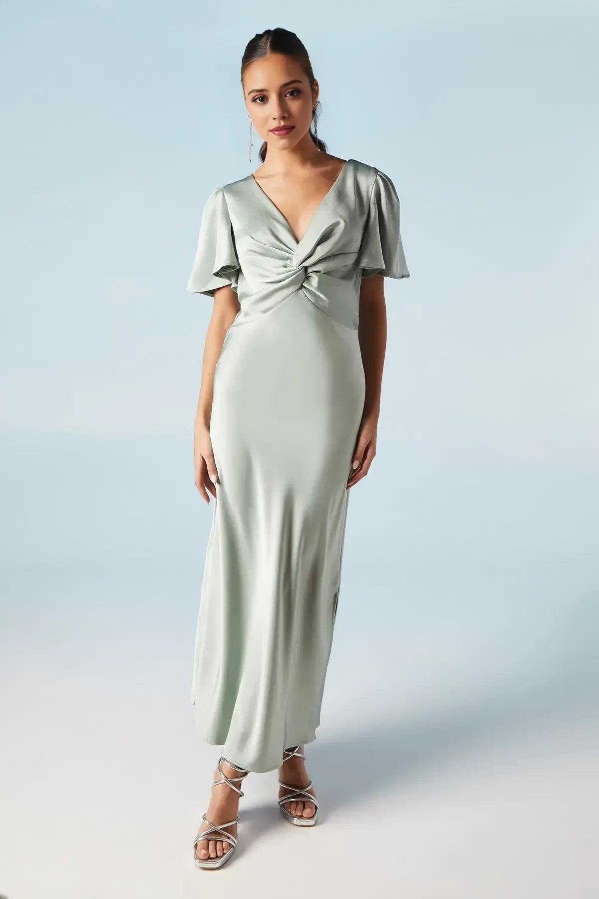 Delicate Sheath V Neck Flutter Sleeve Zipper Back Floor Length Bridesmaid Dress