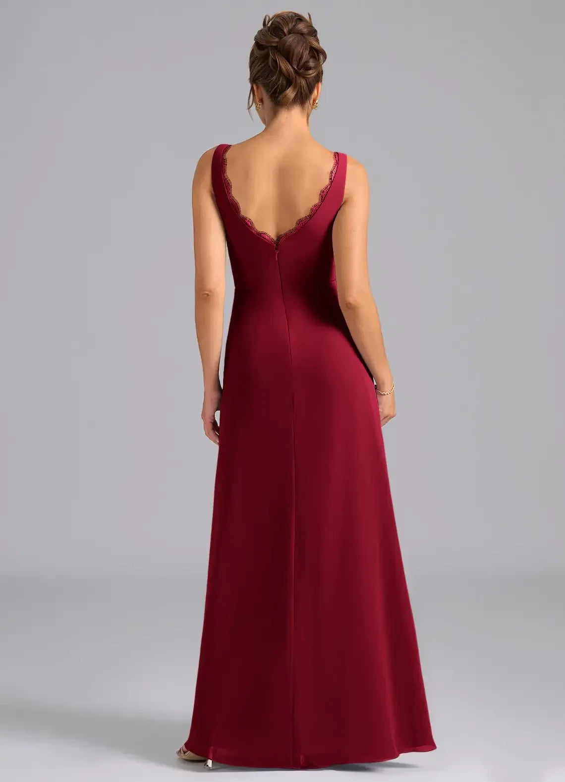 Delicate Sheath V Neck Sleeveless Lace Trimmed Back Floor Length Bridesmaid Dress