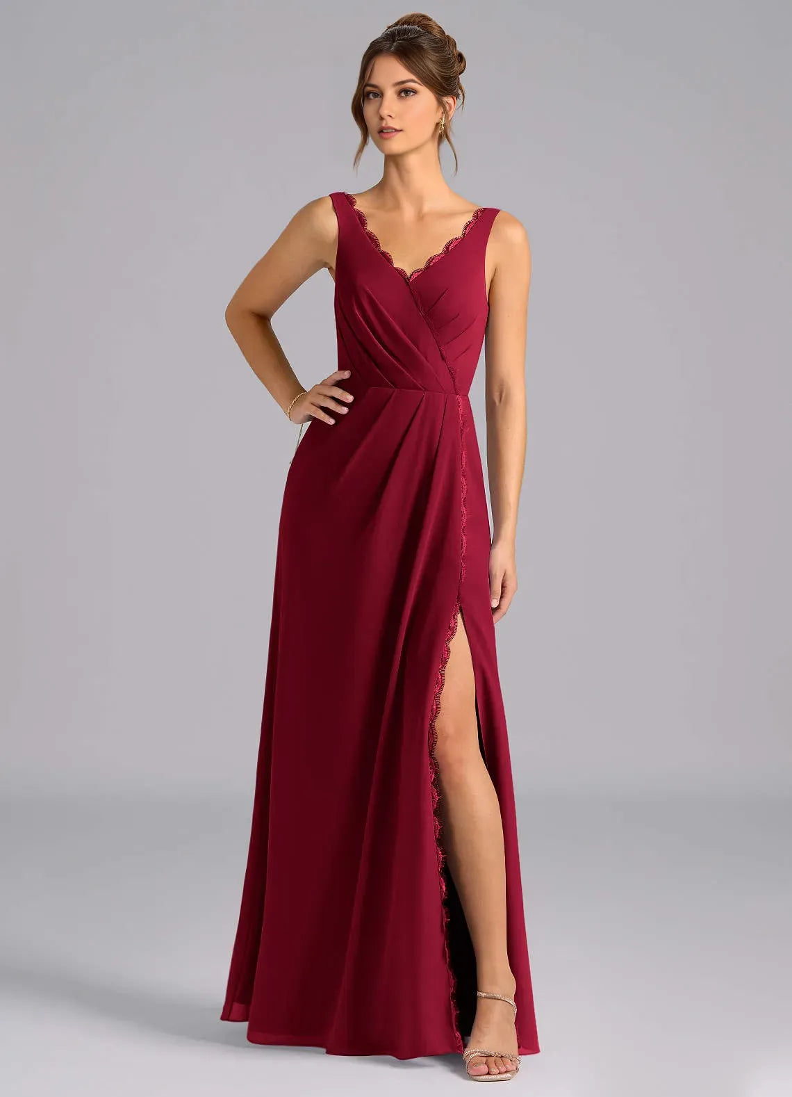 Delicate Sheath V Neck Sleeveless Lace Trimmed Back Floor Length Bridesmaid Dress