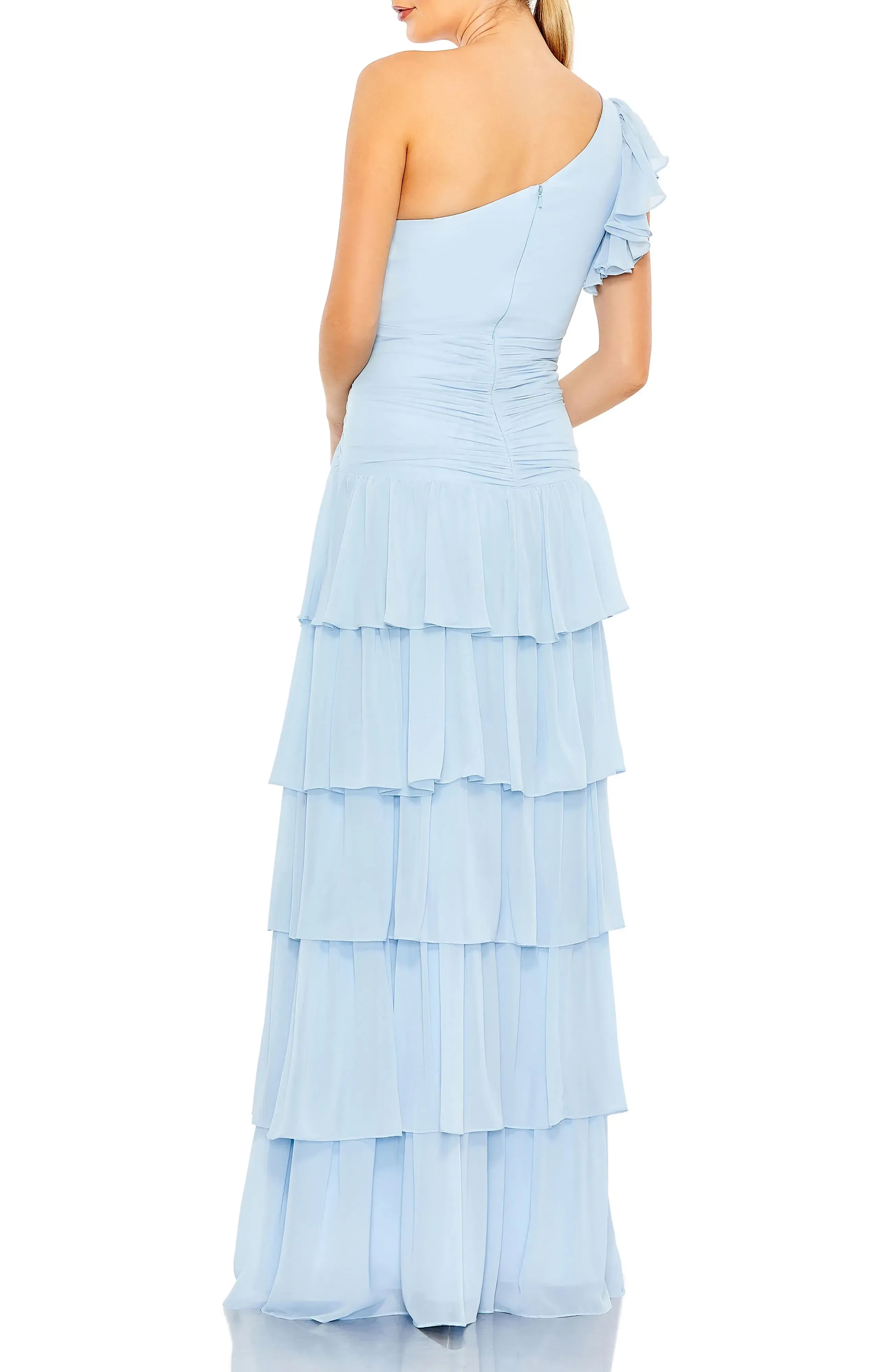Delightful A Line One Shoulder Ruffle Sleeve Ruched Back Floor Length Evening Dress