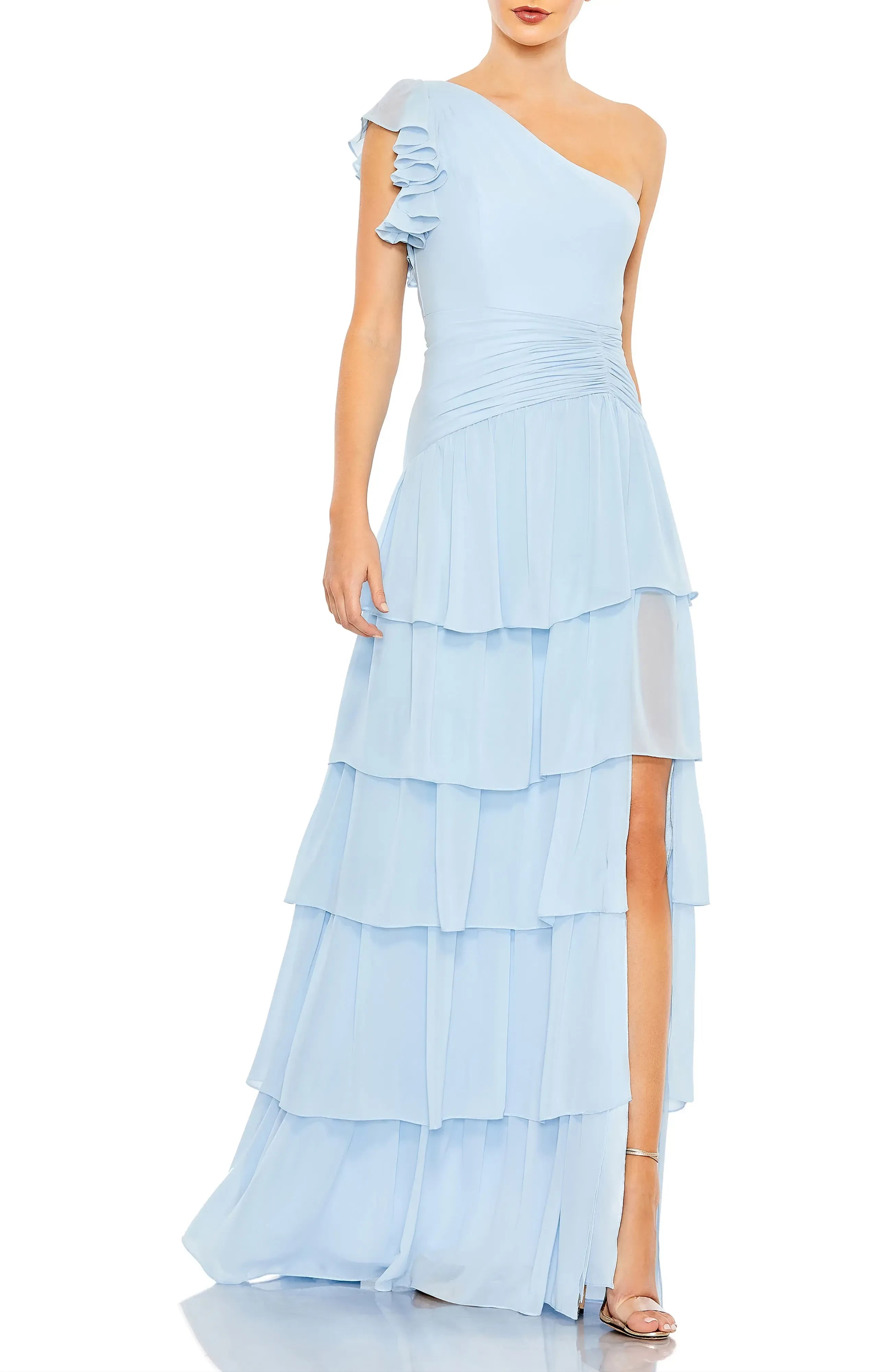 Delightful A Line One Shoulder Ruffle Sleeve Ruched Back Floor Length Evening Dress
