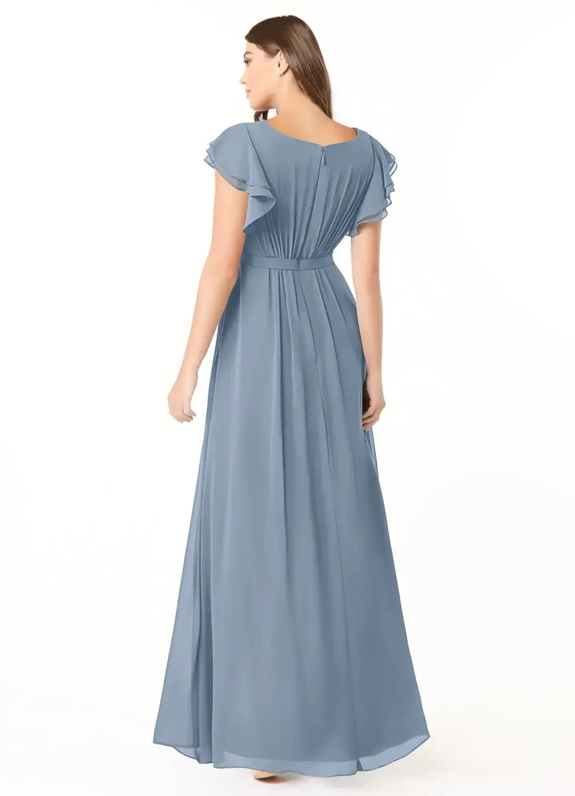 Delightful A Line Round Neck Ruffle Sleeve Zipper Back Floor Length Bridesmaid Dress ﻿