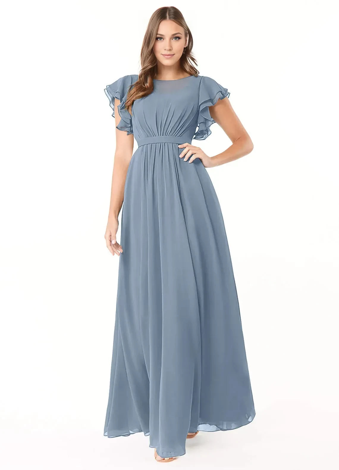 Delightful A Line Round Neck Ruffle Sleeve Zipper Back Floor Length Bridesmaid Dress ﻿