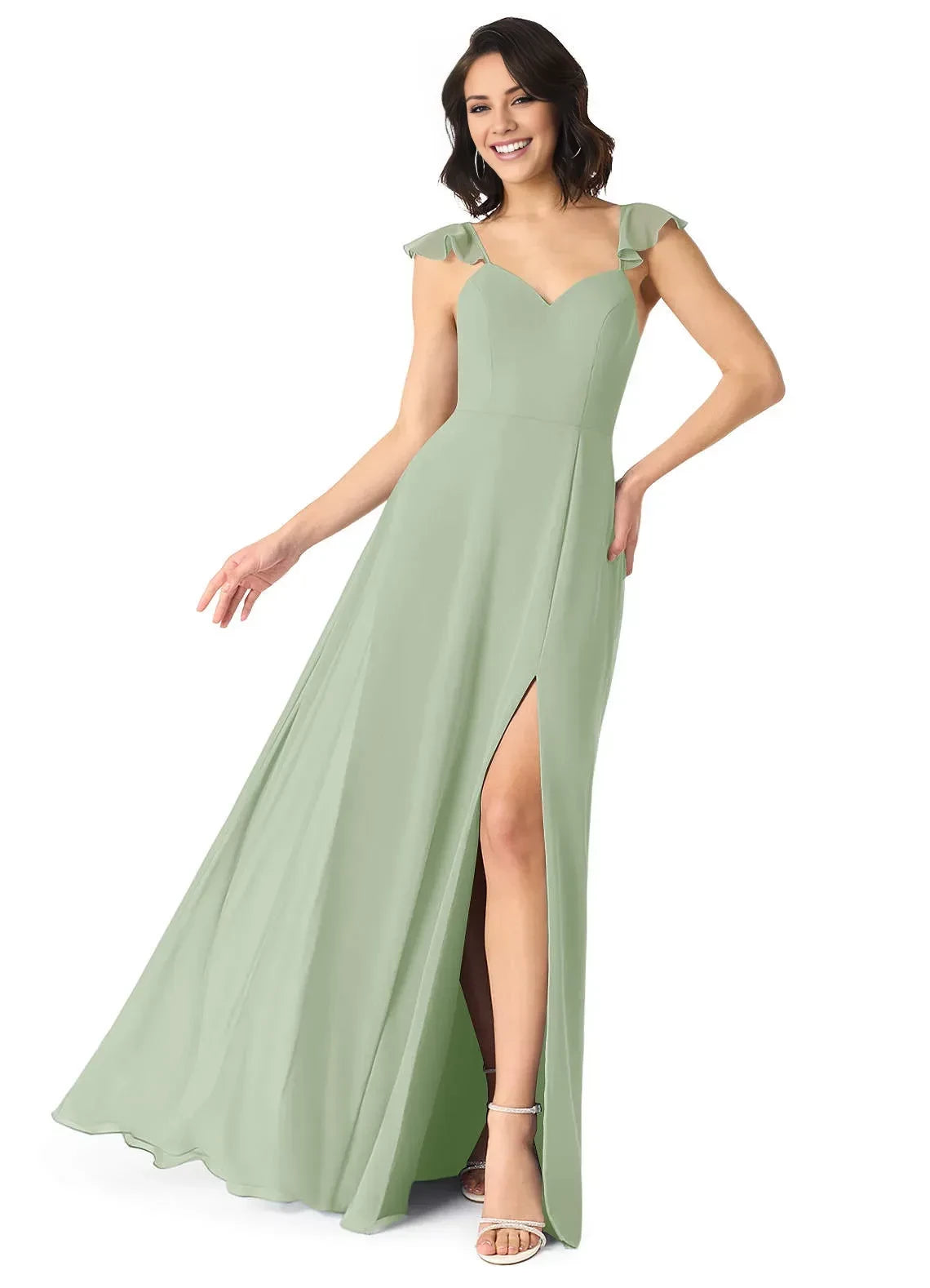 Delightful A Line Sweetheart Neck Ruffled Strap Bow Back Floor Length Bridesmaid Dress